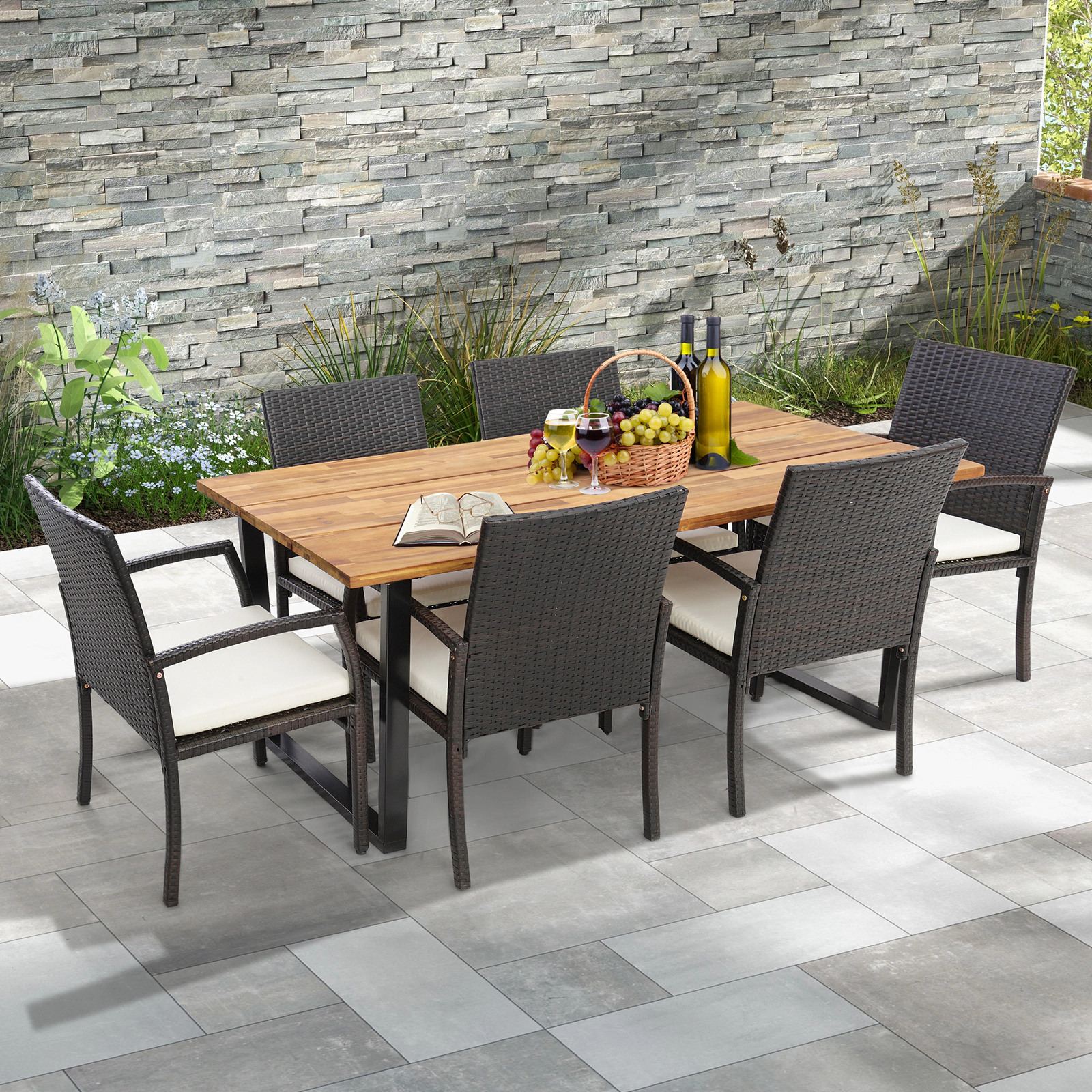 LJG Patio Rattan Dining Set with Umbrella Hole-L-Shaped Handrail
