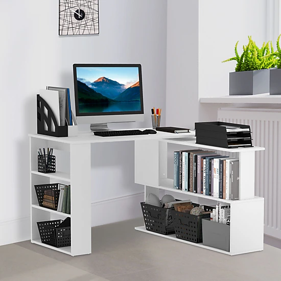 HONGGE 360-Degree Rotating L-Shaped Corner Computer Desk with Storage ...