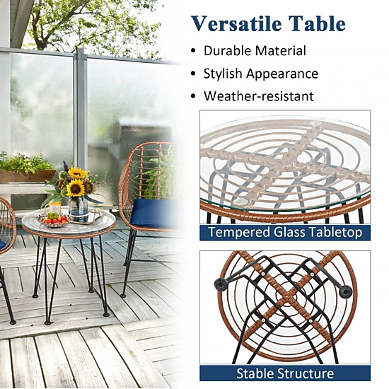 Hivvago 3 Pieces Patio Rattan Bistro Set With Cushion