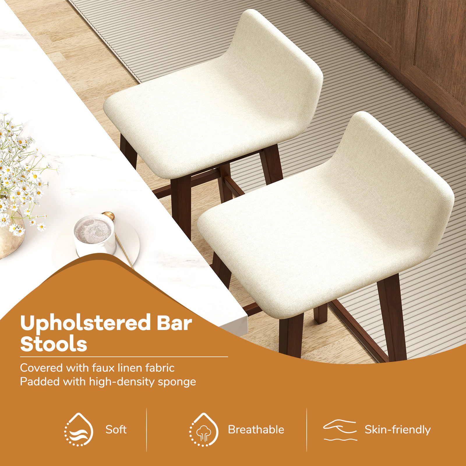 Glintex 2-Piece 24-Inch Counter Stool Set with Low Back and Faux Linen Seat