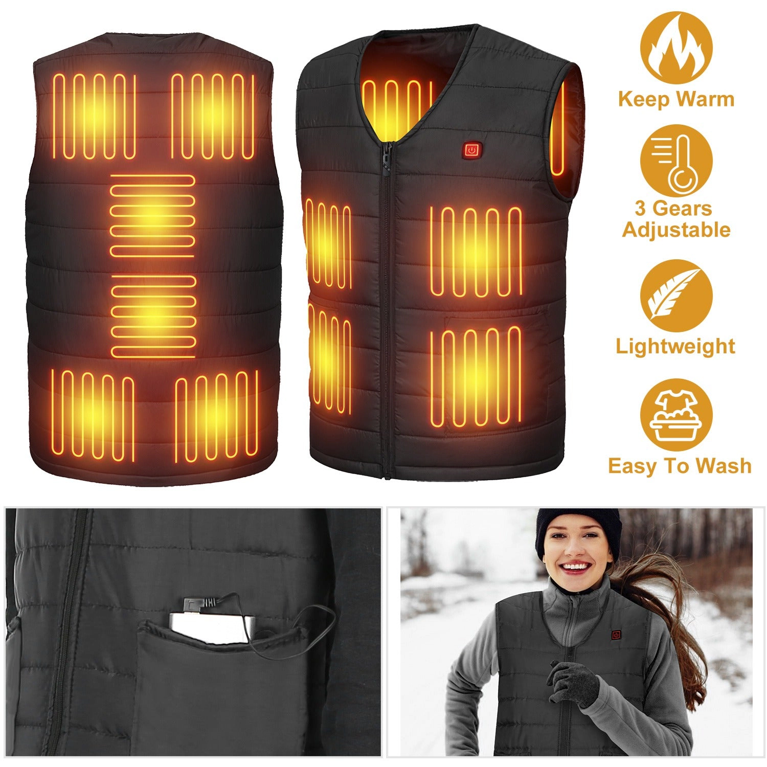 GBruno USB Heated Vest With 10 Heating Pads