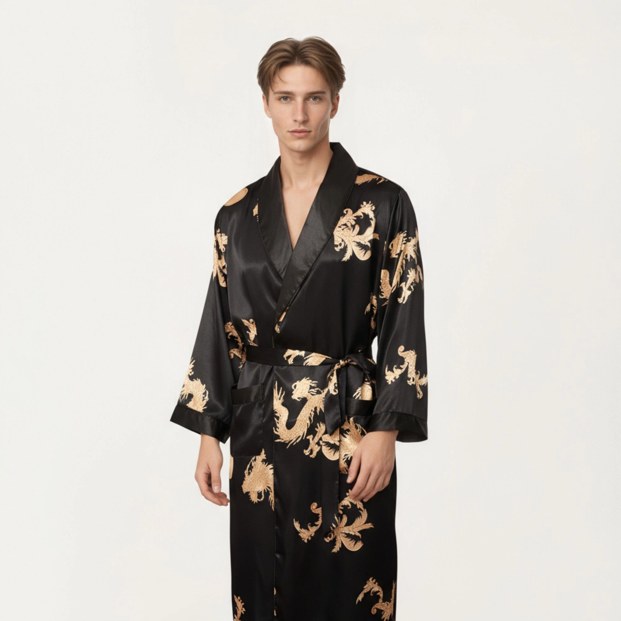 Anna-Kaci Men's 2-Piece Satin Dragon Print Robe and Lounge Pants with Shawl Collar Waist Tie