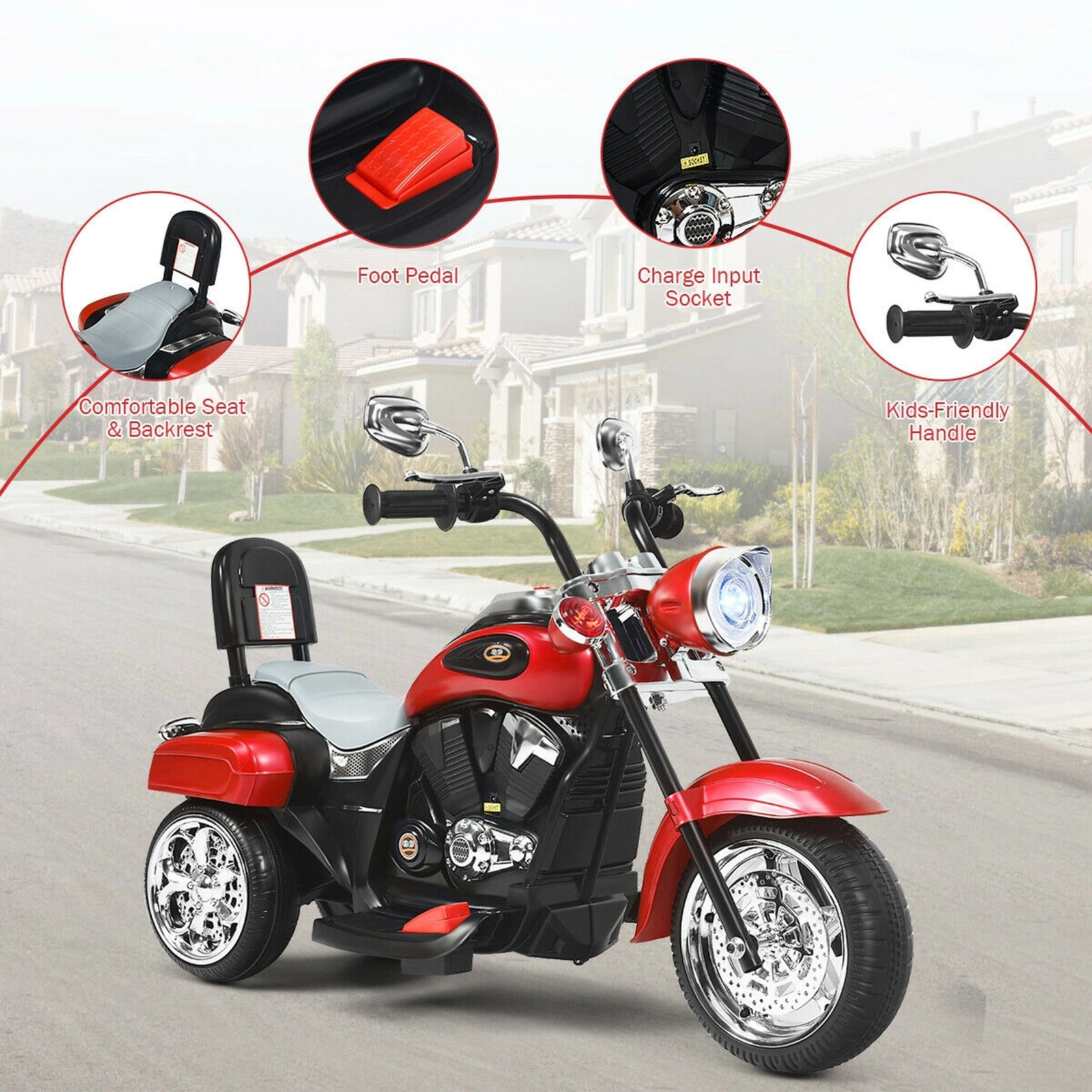 6V Kids Ride on Motorcycle 3-Wheel Chopper Style Electric Trike Adjustable Headlight Ages 3+ 66-lb Capacity