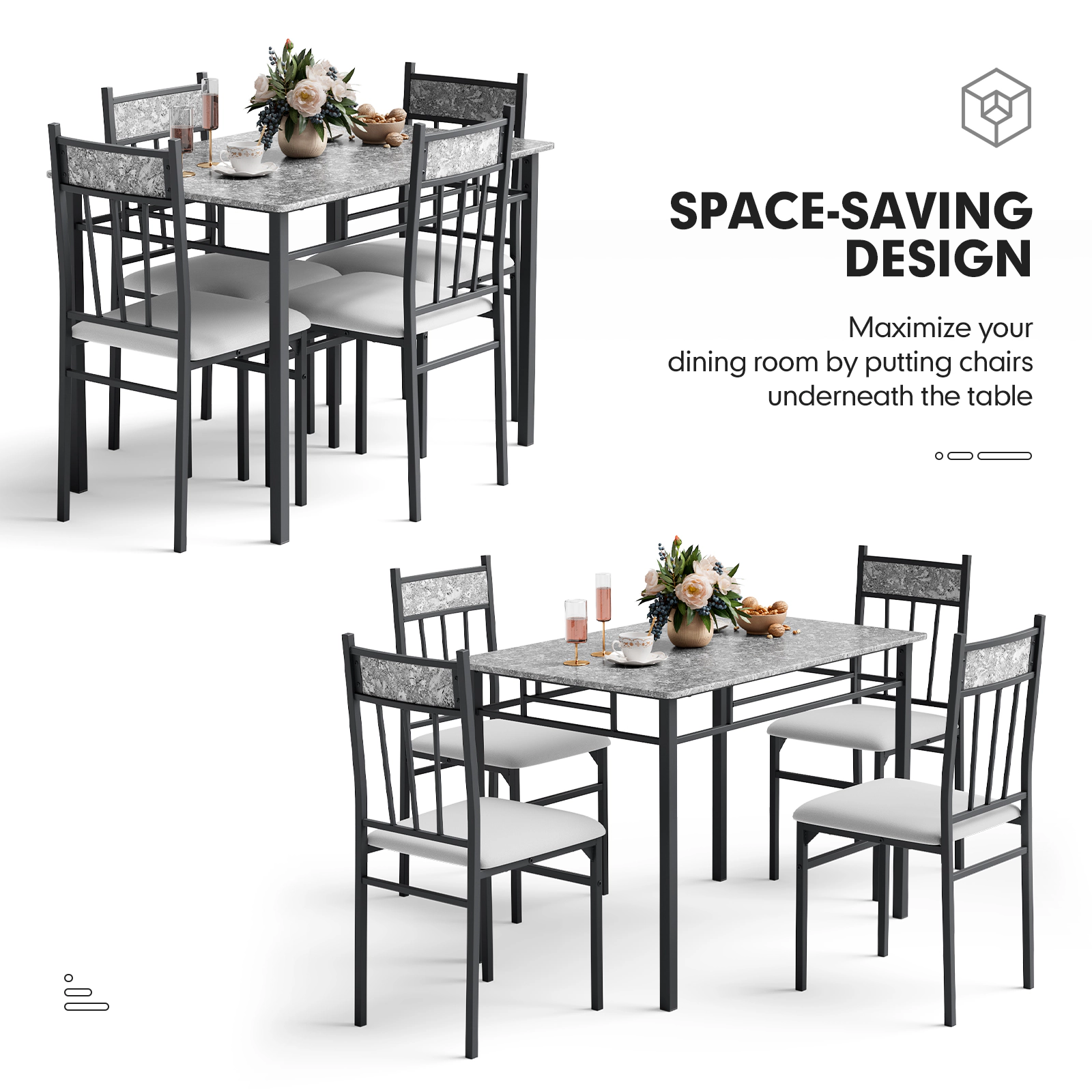 SUGIFT 5 Piece Dining Set Faux Marble Table and 4 Chairs with Steel Frame