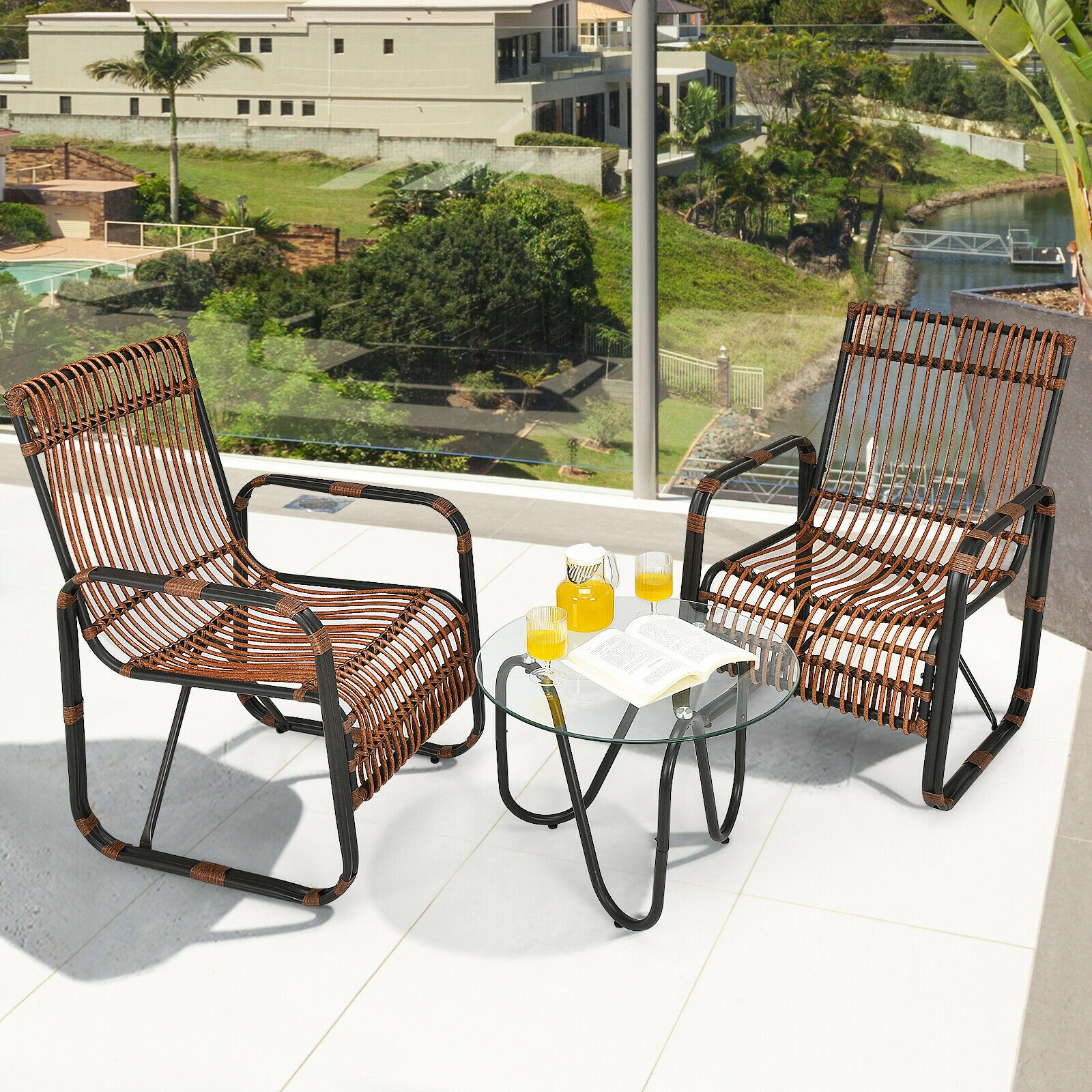 SUGIFT 3-Piece Patio Rattan Conversation Set with 2 Single Chairs & Glass Side Table 250-Lb Chair Capacity Brown & Black