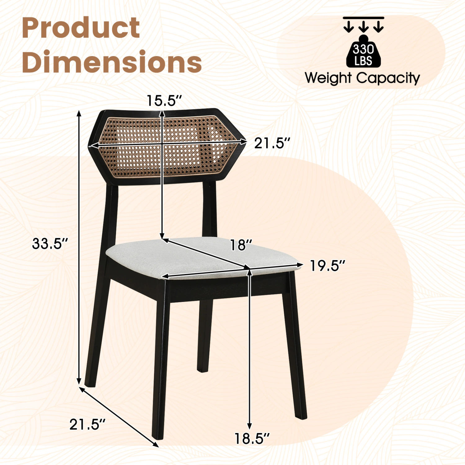 LJG Mid Century Rattan Dining Chairs Set of 2 with Back and Solid Wood Frame