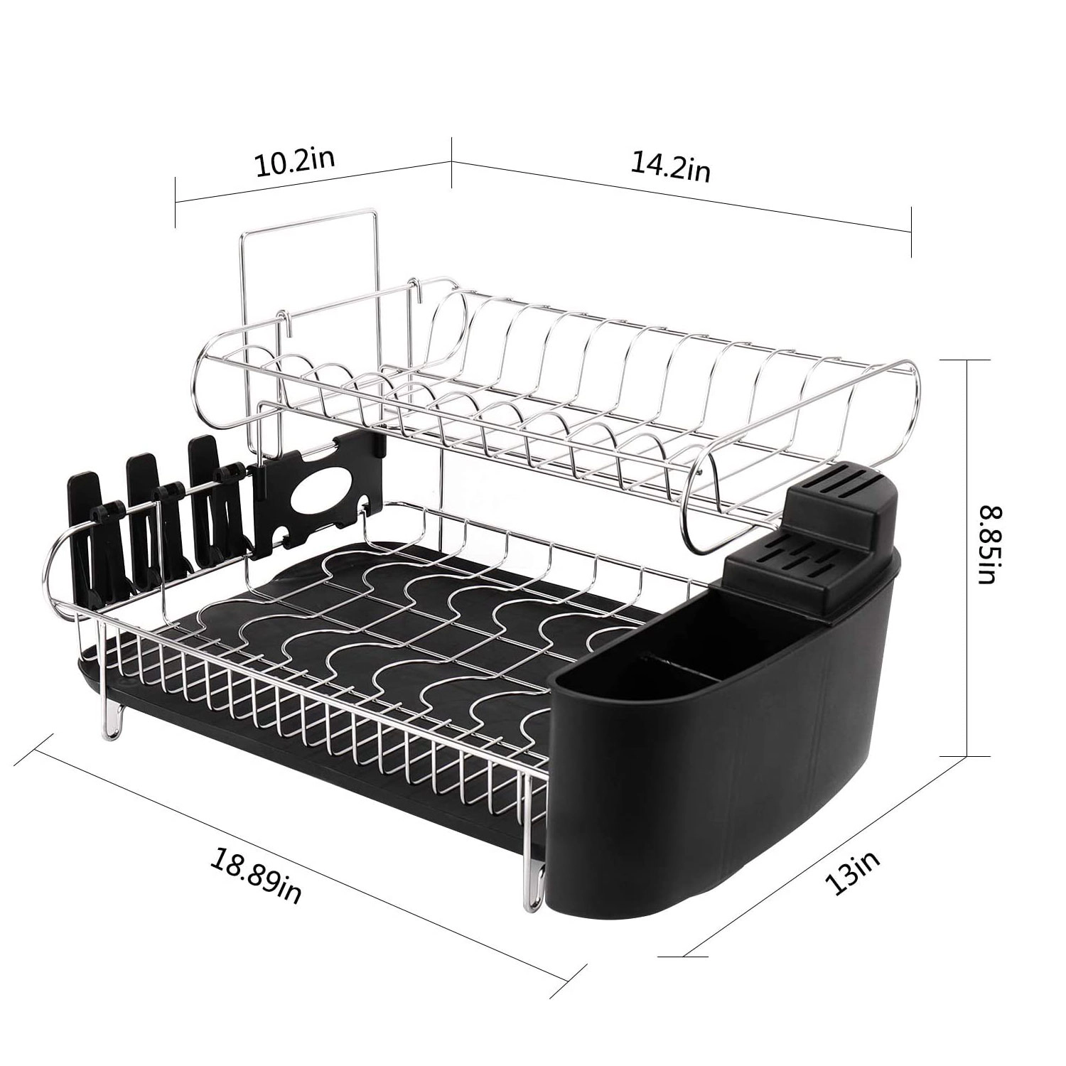 Mega Casa 2-Tier Dish Drying Rack with Drainboard, Chrome Dish Strainer with Utensil Holder for Kitchen
