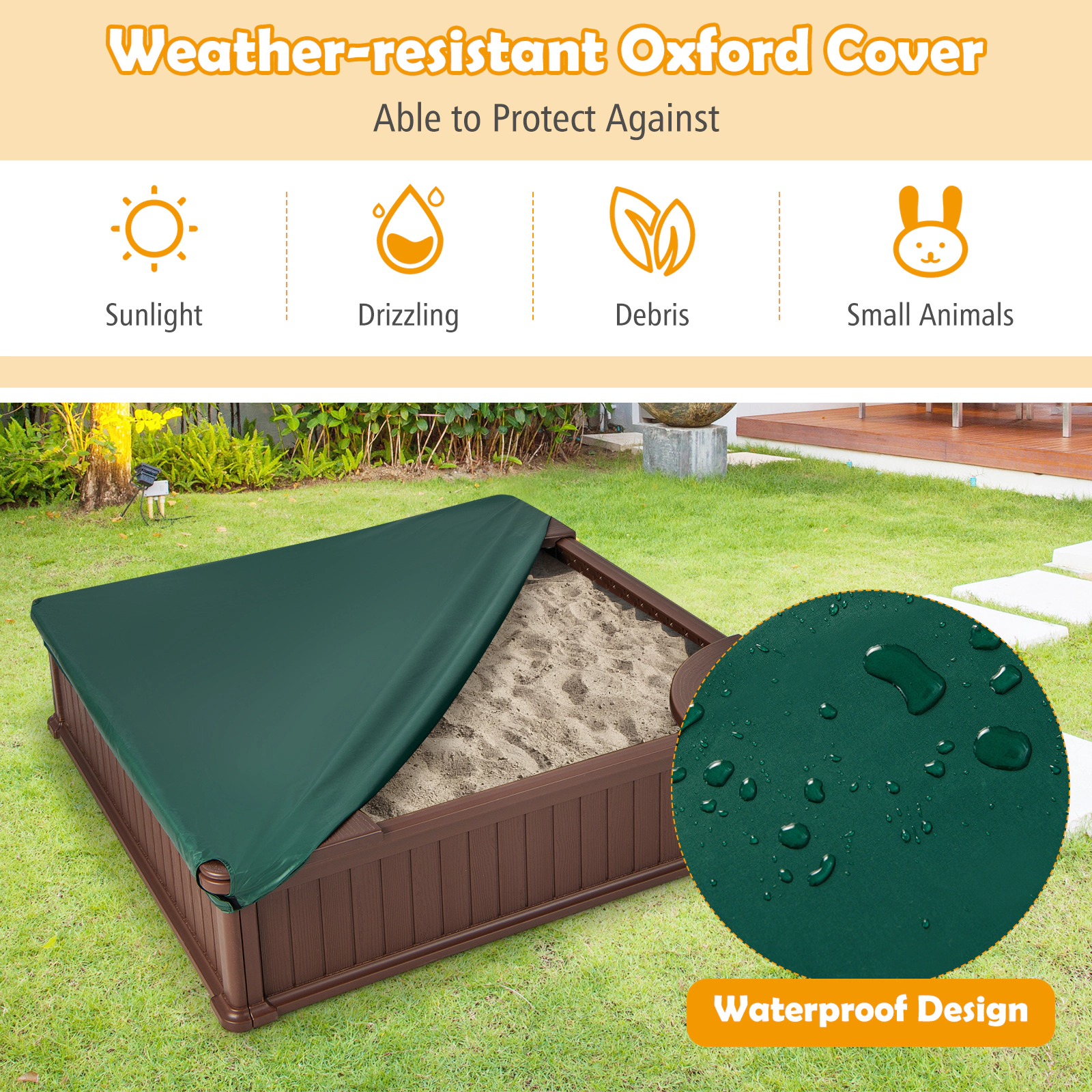 LJG Kids Outdoor Sandbox with Oxford Cover and 4 Corner Seats