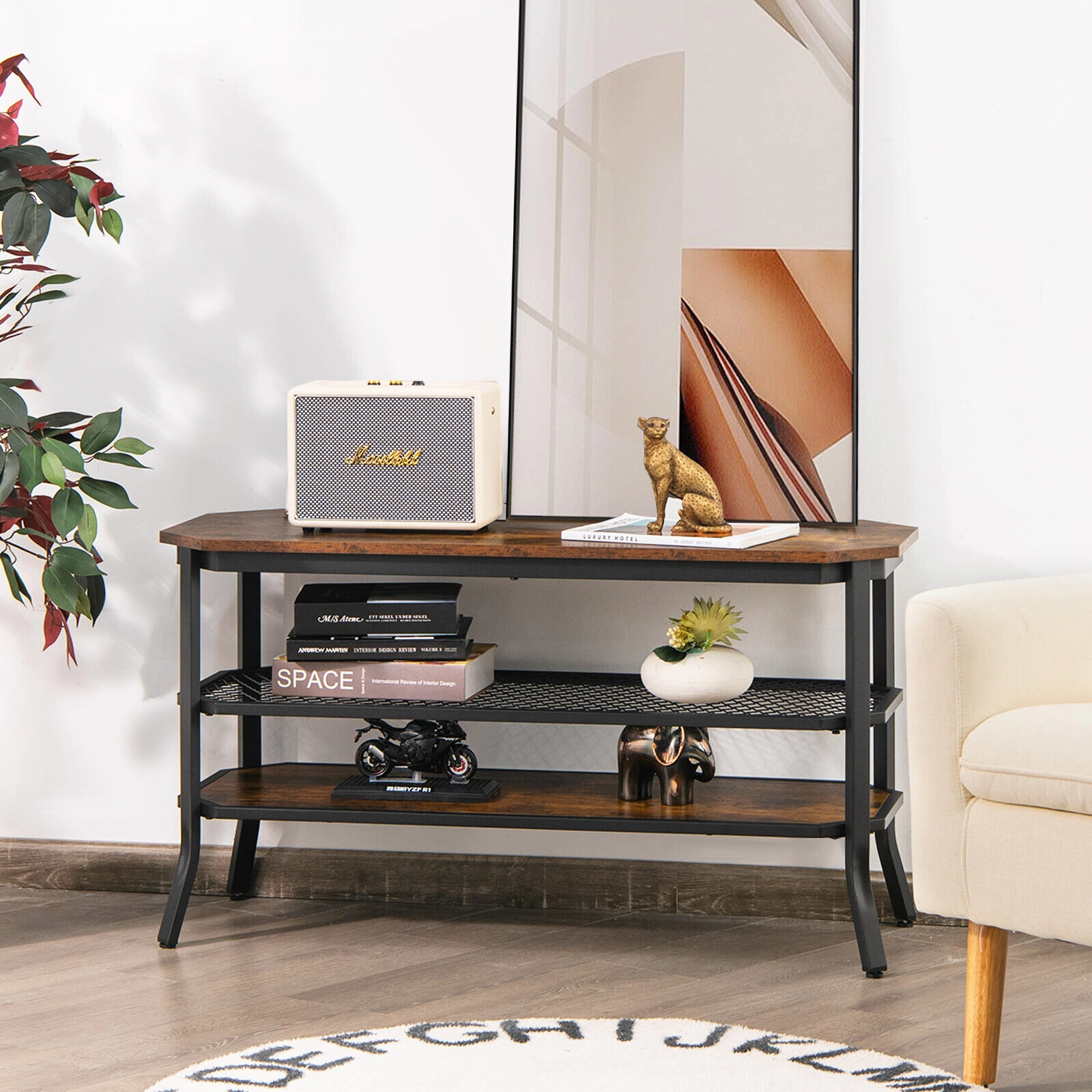SUGIFT 39.5 in TV Stand Rustic Brown 3-Tier Console Table with Mesh Storage Shelves