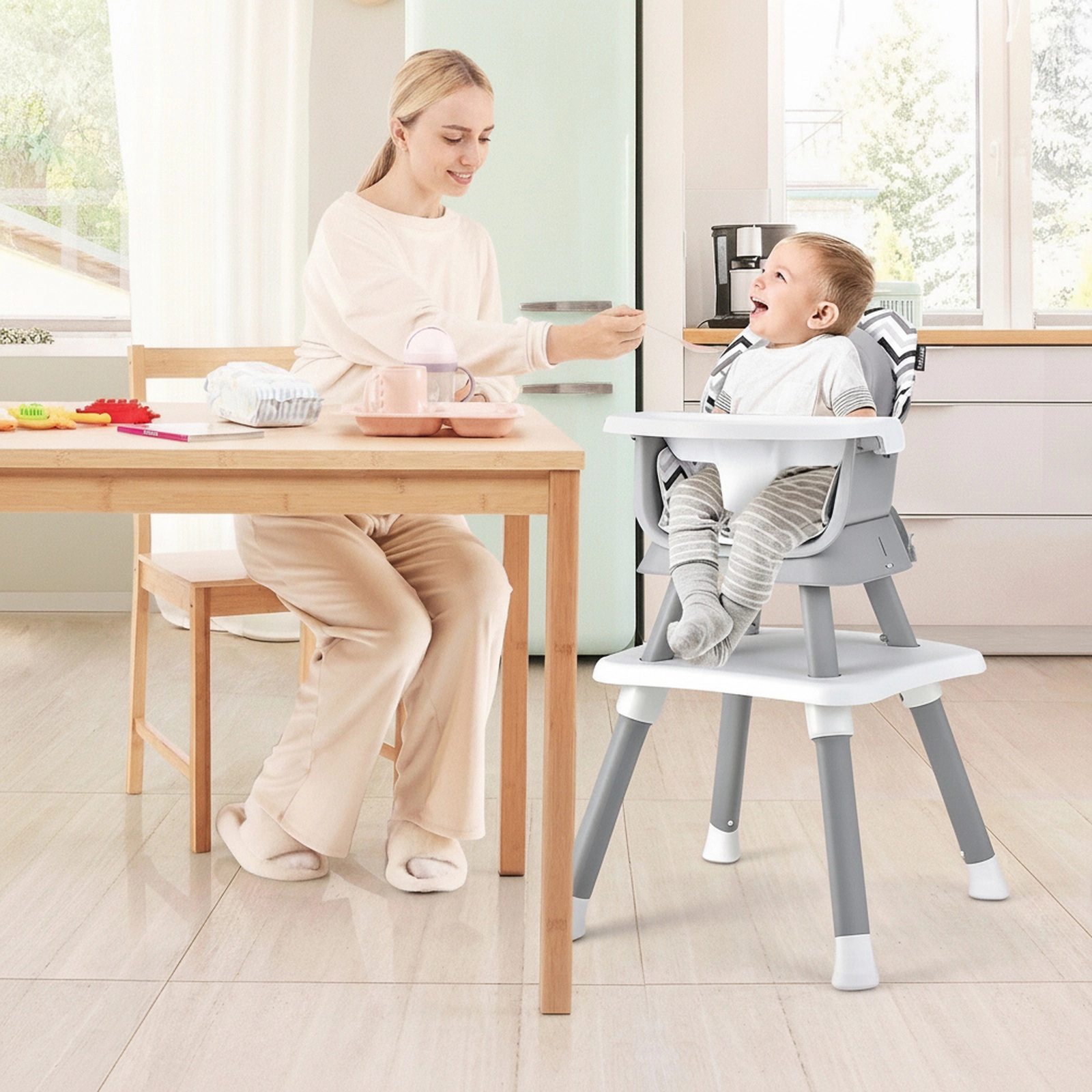 6-in-1 Baby Highchair 3-Position Adjustable Tray Two-Sided Kids Table and Chair Set 6 to 36 Months Gray and White