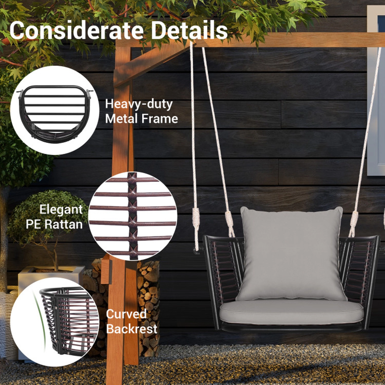 SUGIFT Gray Woven Rattan Backrest and Cushions Single Person Hanging Swing Seat
