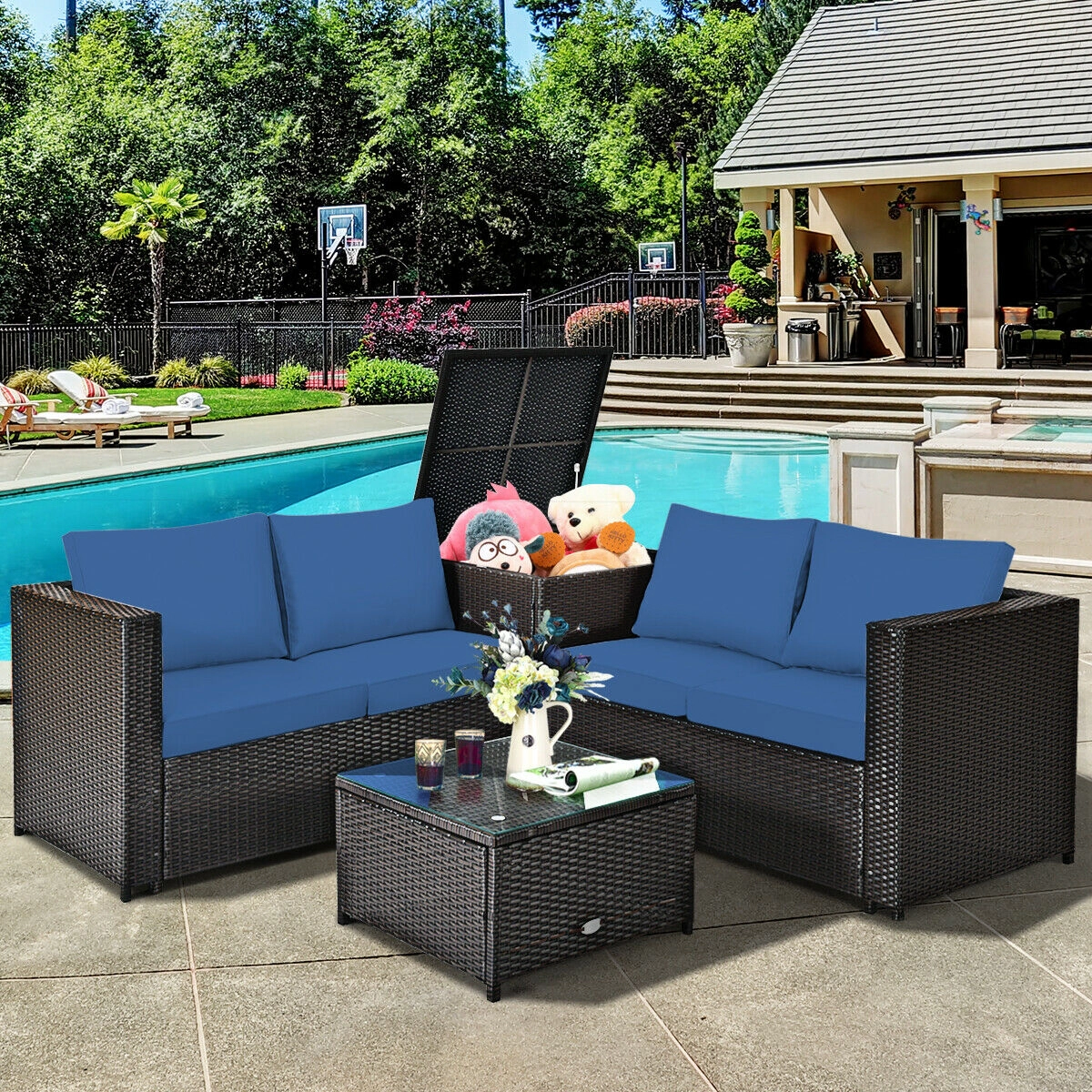 SUGIFT Navy Cushioned Loveseat and Storage End Table 4-Piece Patio Rattan Sectional Set