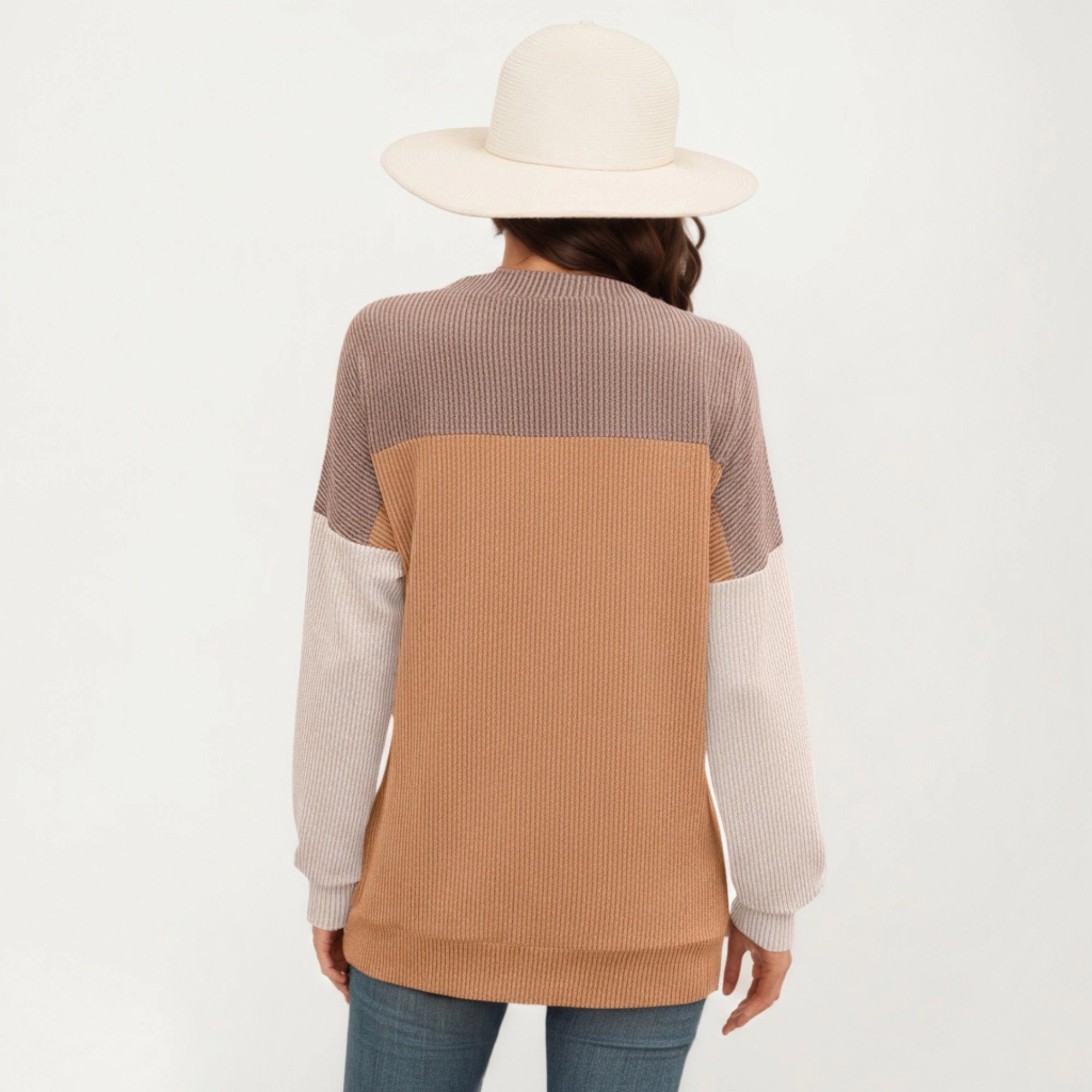 Anna-Kaci Women's Tri-Tone Colorblock Crew Neck Relaxed Fit Long Sleeve Pullover Top