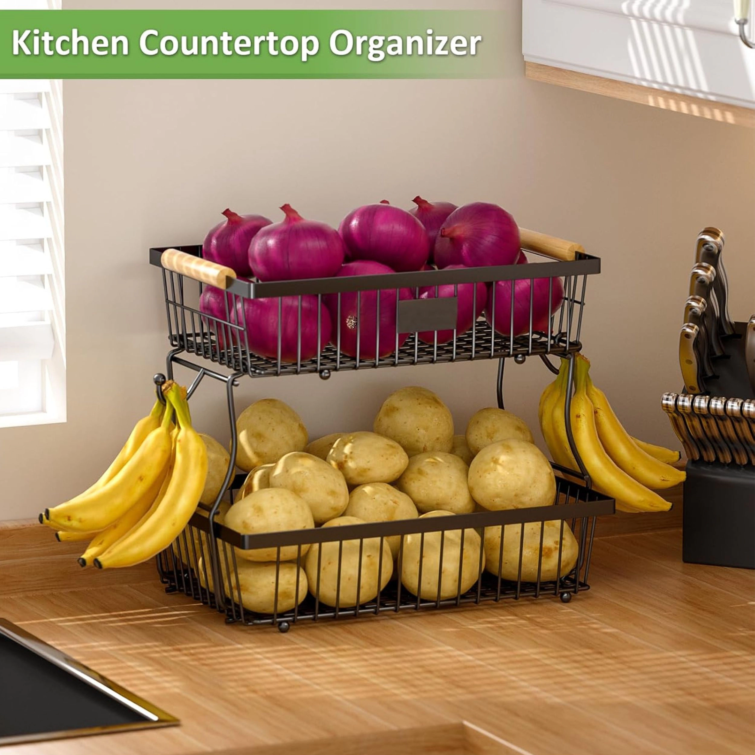 Stock Preferred 2 Tier Metal Fruit Basket with Banana Hangers and Wooden Handle