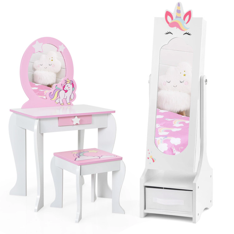 Hivvago Kids Princess Vanity Table And Stool Set With Jewelry Cabinet And Mirror Drawer
