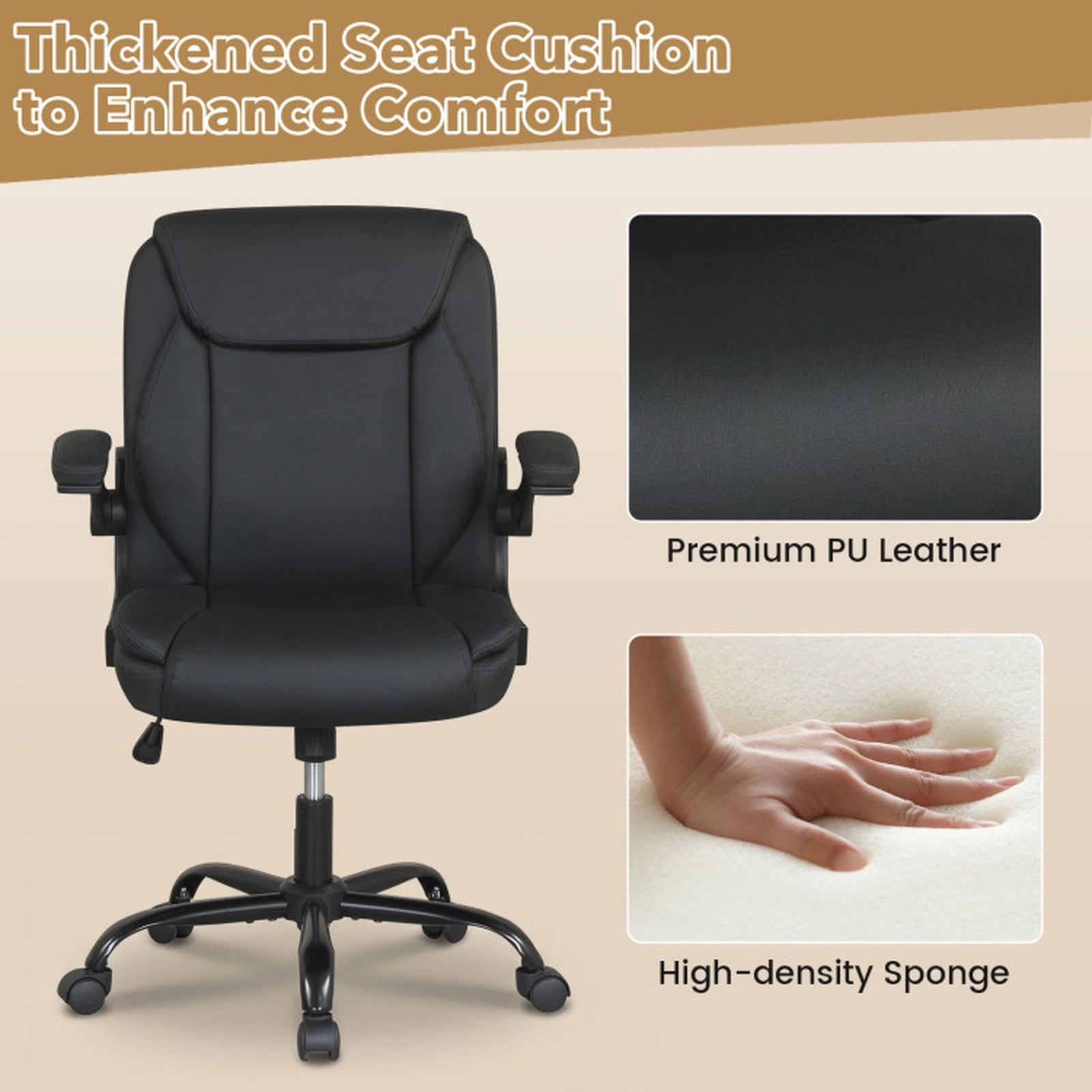 SUGIFT Ergonomic Leather Office Chair with Rocking Function and Flip-up Armrests 350-lb Capacity Black 27 x 26 x 37-in