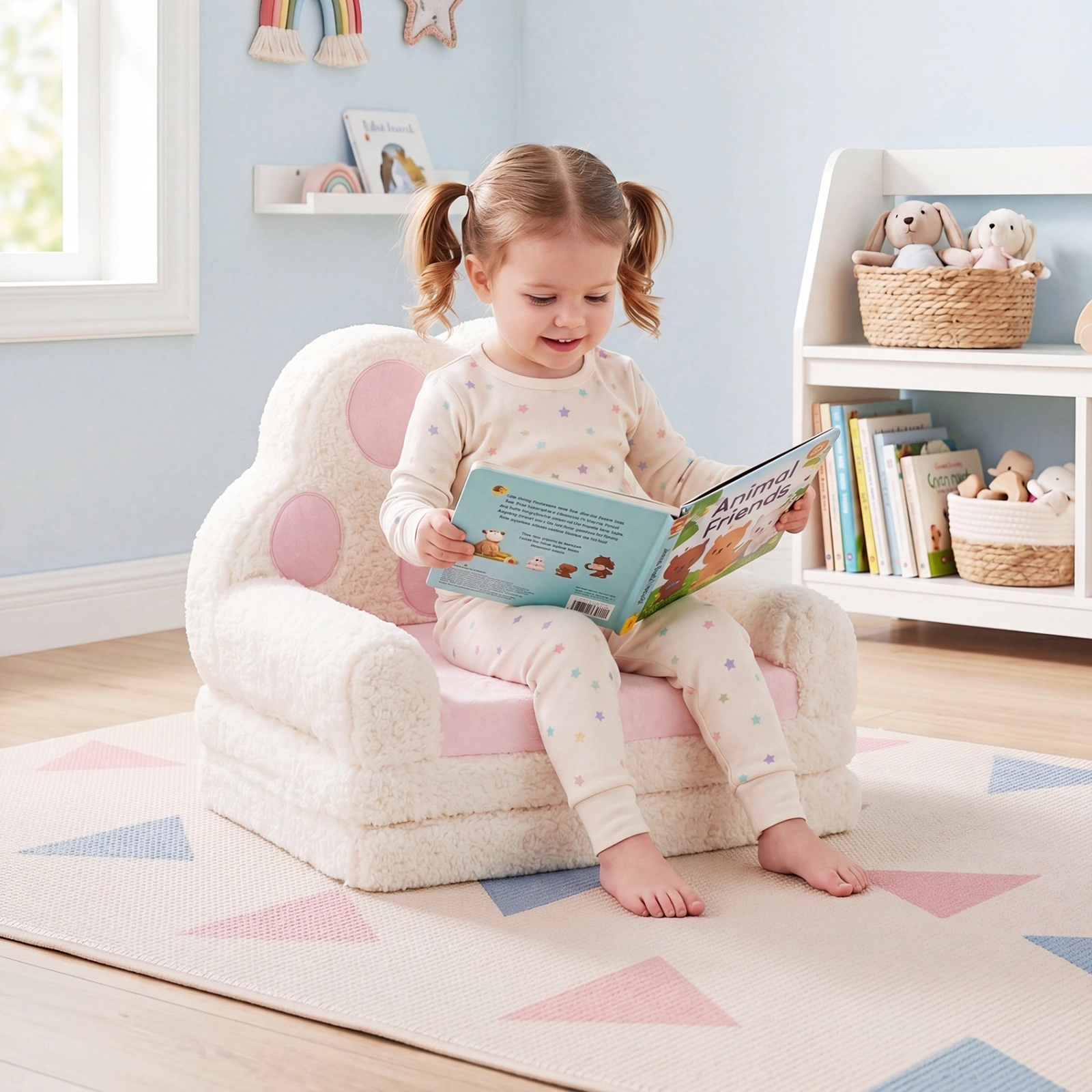 SUGIFT 2-in-1 Convertible Kids Sofa to Lounger Removable Cover Kids Lounge Chair Ages 18-36 Months 4.5-lb Pink + Beige
