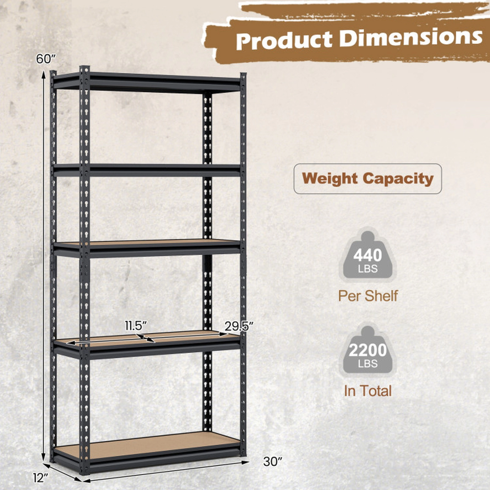 SUGIFT 5-Tier Heavy Duty Garage Shelving Unit 440-lb Per Shelf Capacity 2200-lb Total Capacity Black