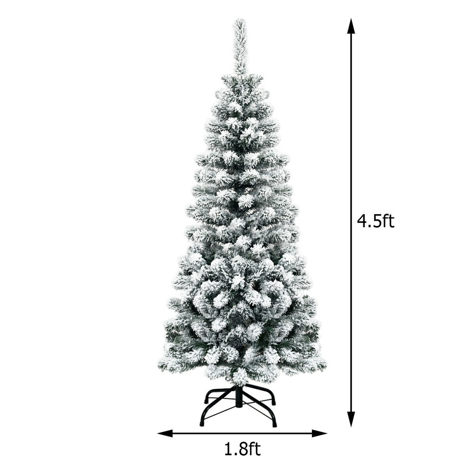 SUGIFT 4.5-ft Unlit Hinged Snow Flocked Artificial Pencil Christmas Tree 242 Tips 1.8-ft Wide 14-in Metal Stand White