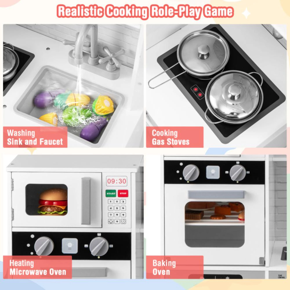 Hivvago Pretend Play Kitchen Wooden Toy Set Kitchen Accessory Playset With Real Lights Sounds-White