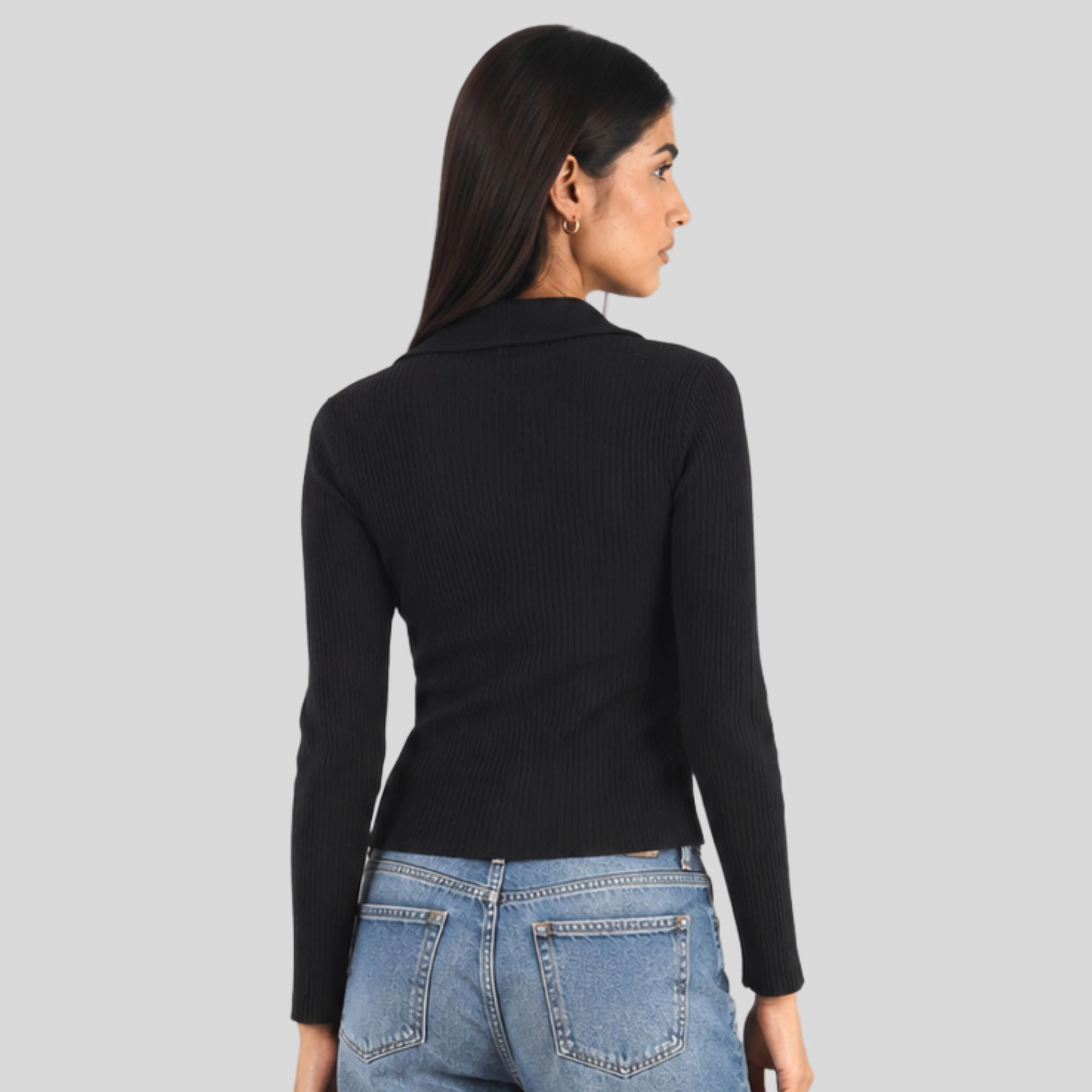 Artyska Women’s Ribbed Zip-Up Collared Long Sleeve Top