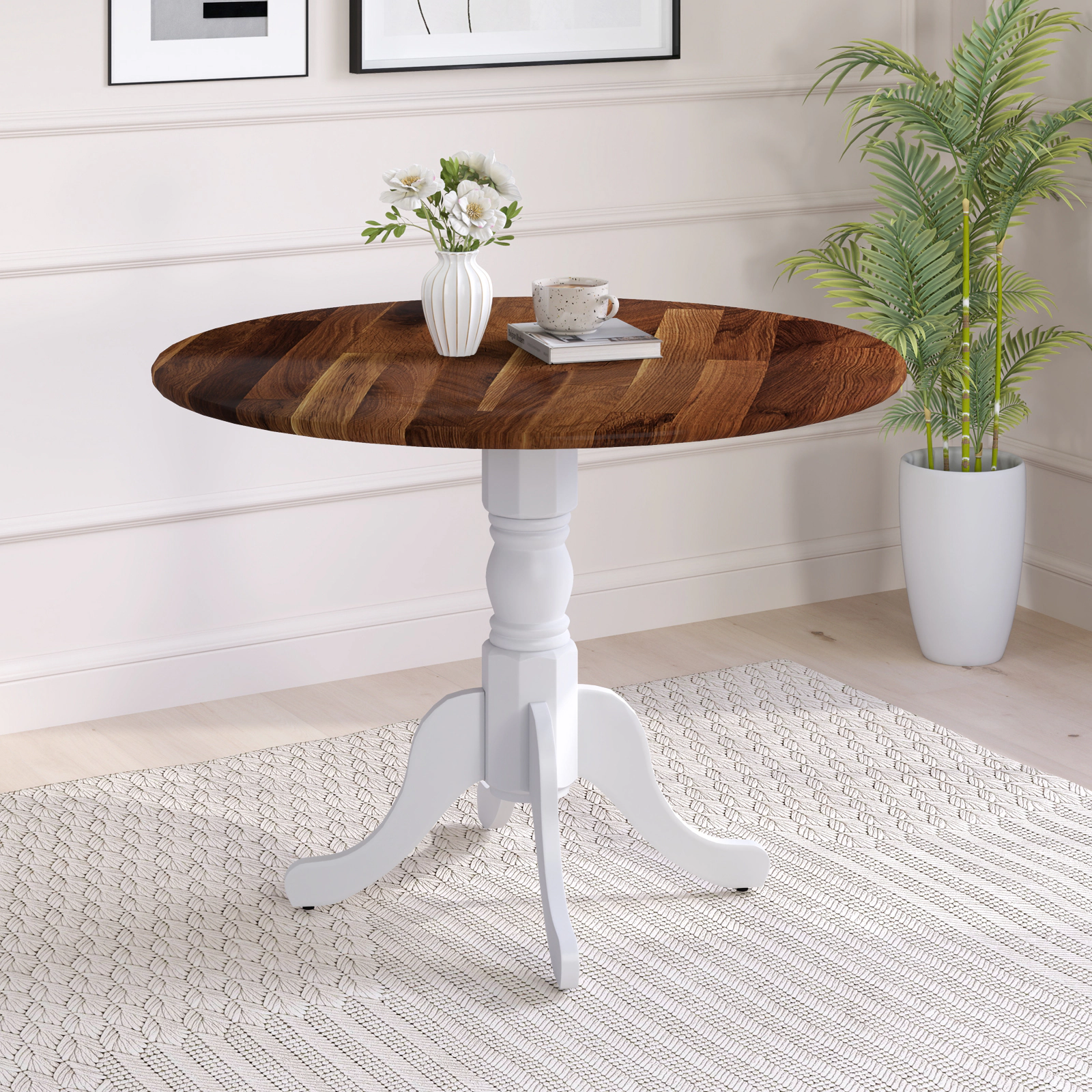 LJG Wooden Dining Table with Round Tabletop and Curved Trestle Legs