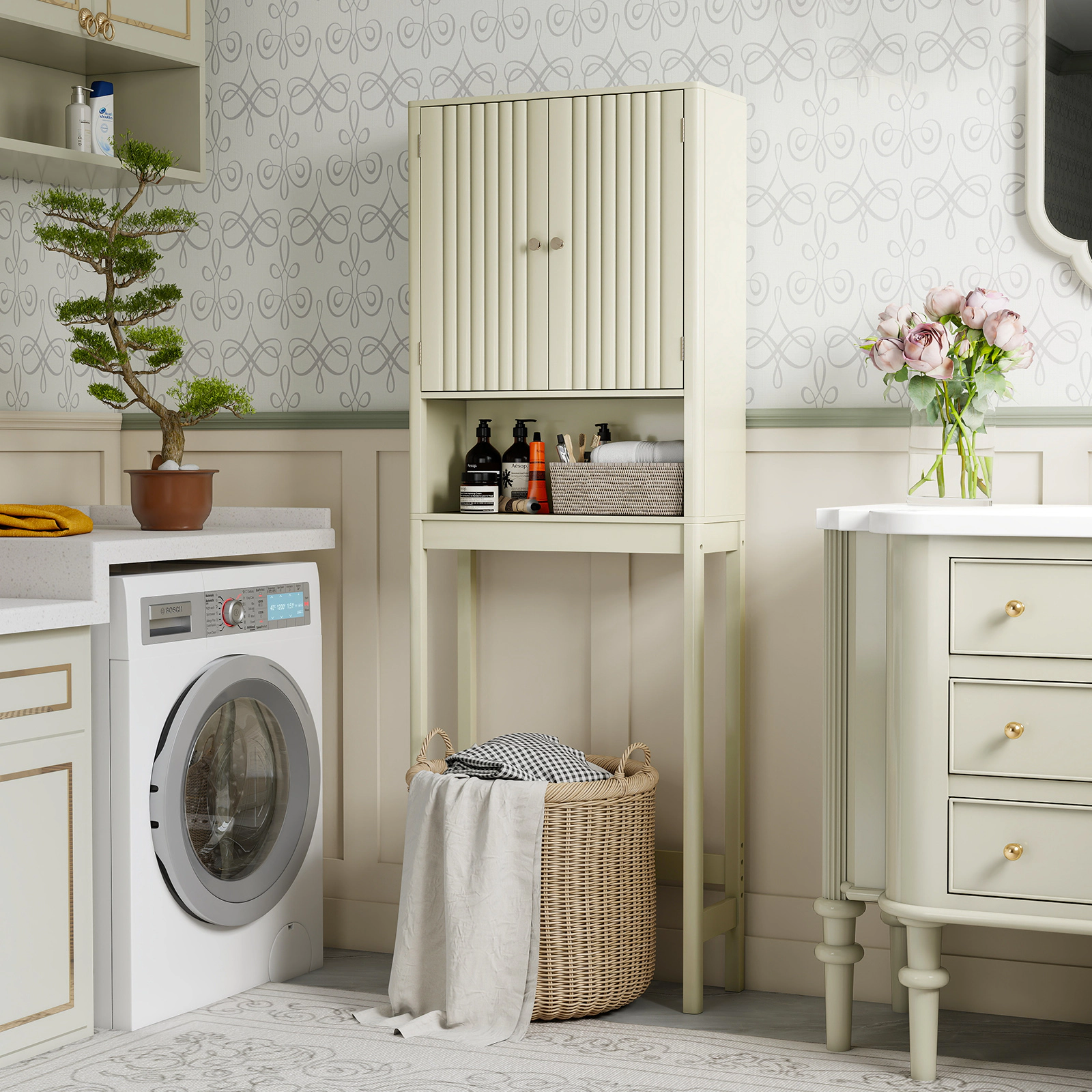 SUGIFT Over the Toilet Storage Cabinet with Fluted Doors and Adjustable Shelves