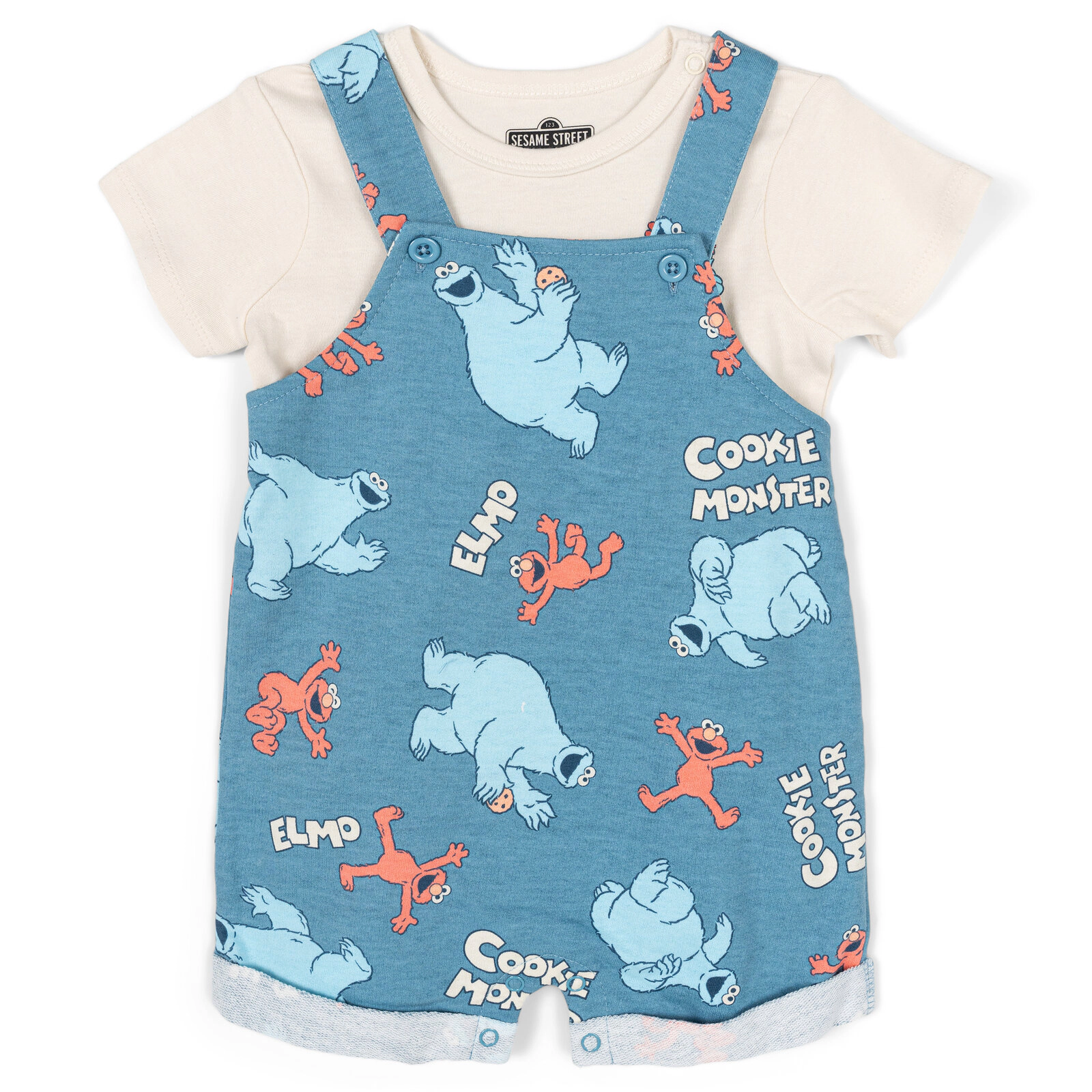 Sesame Street Boys' T-Shirt and Shortalls Set with Bucket Hat