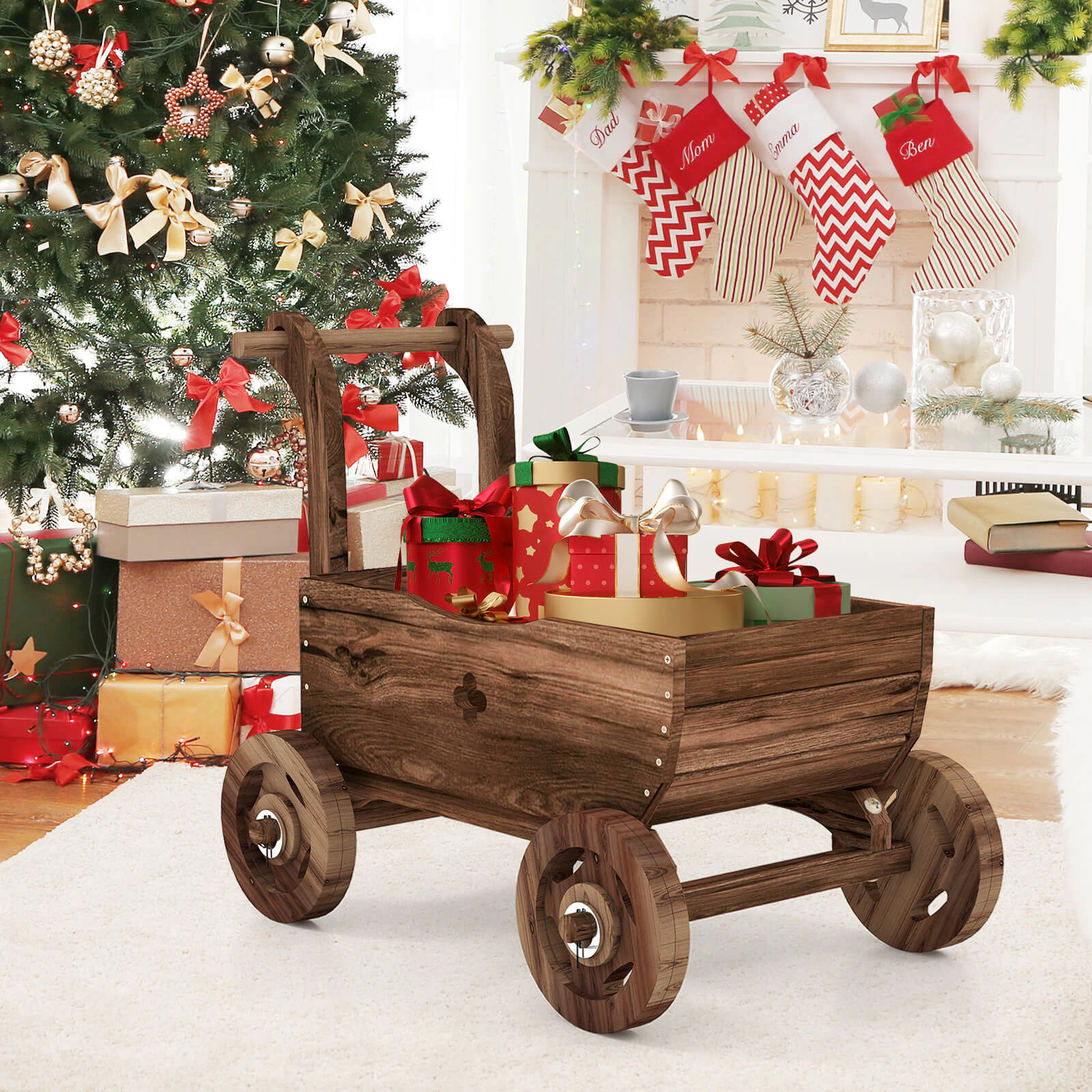 SUGIFT Decorative Fir Wood Wagon Cart Planter with Handle Wheels 44-lb Capacity 27-in Long Rustic Brown