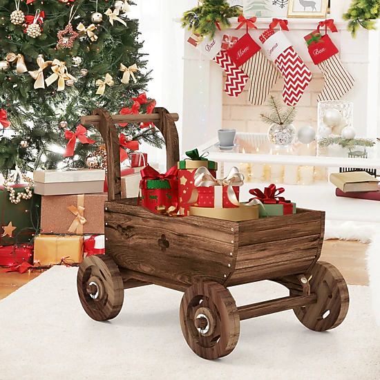 SUGIFT Decorative Fir Wood Wagon Cart Planter with Handle Wheels 44-lb Capacity 27-in Long Rustic Brown