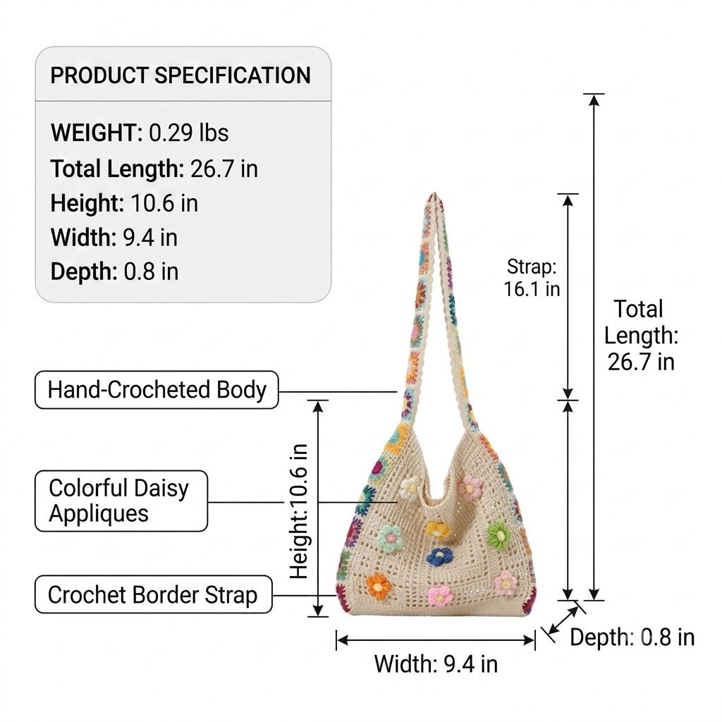 Alilang Women's Crochet Shoulder Bag with Daisy Applique and Wide Strap