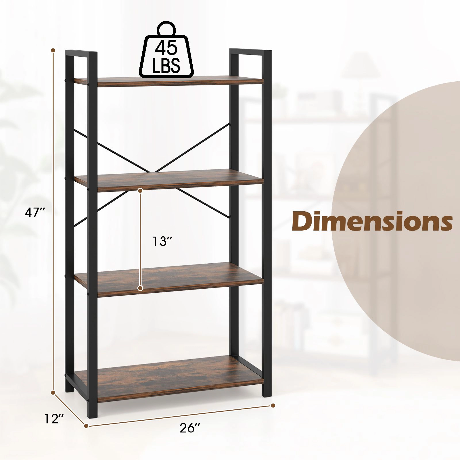 SlickBlue 4 Tier Bookshelf with Metal Frame and Rustic Wood Shelves