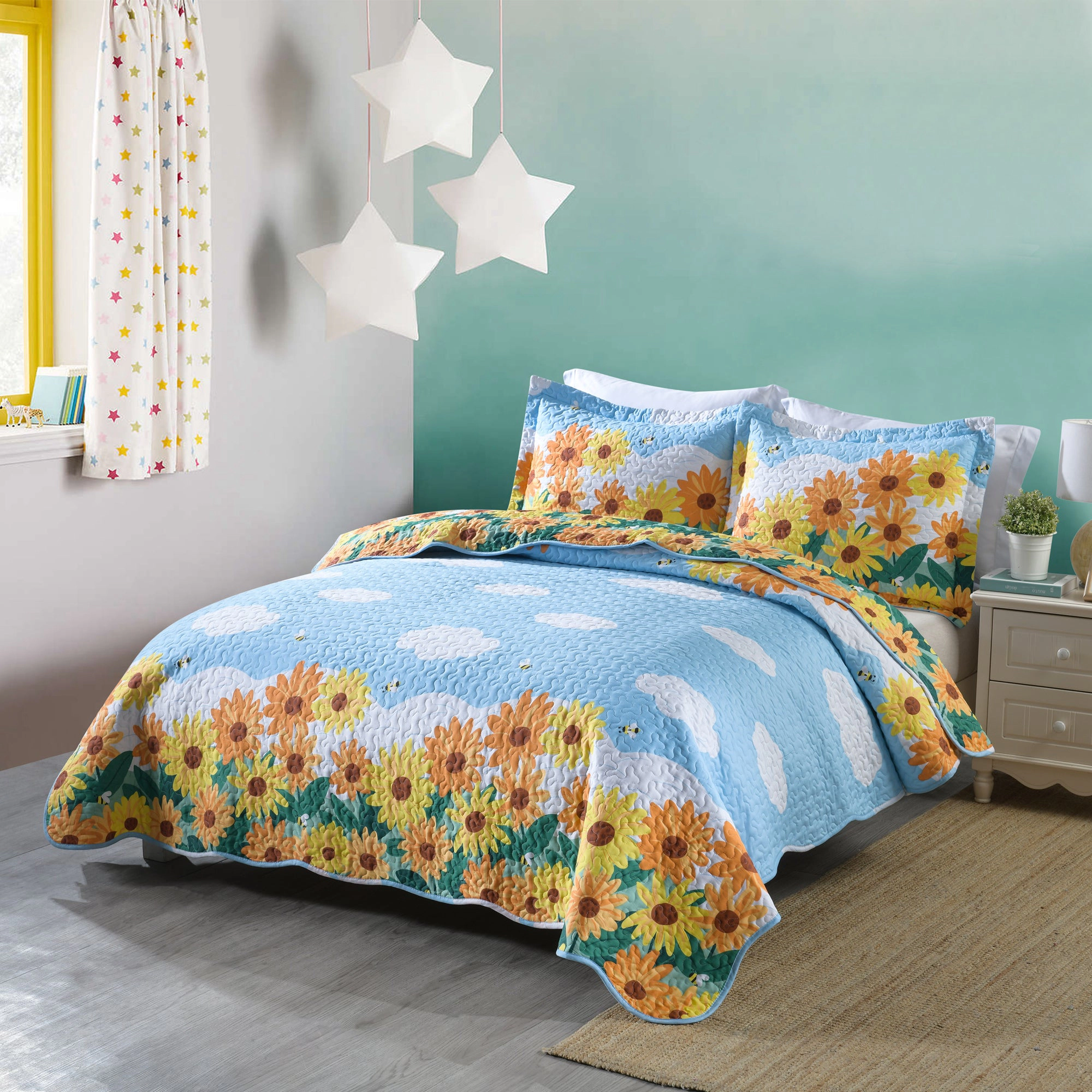 MarCielo 2/3 Piece Kids Sunflower Quilt Set – 100% Cotton Lightweight Floral Bedspread Set