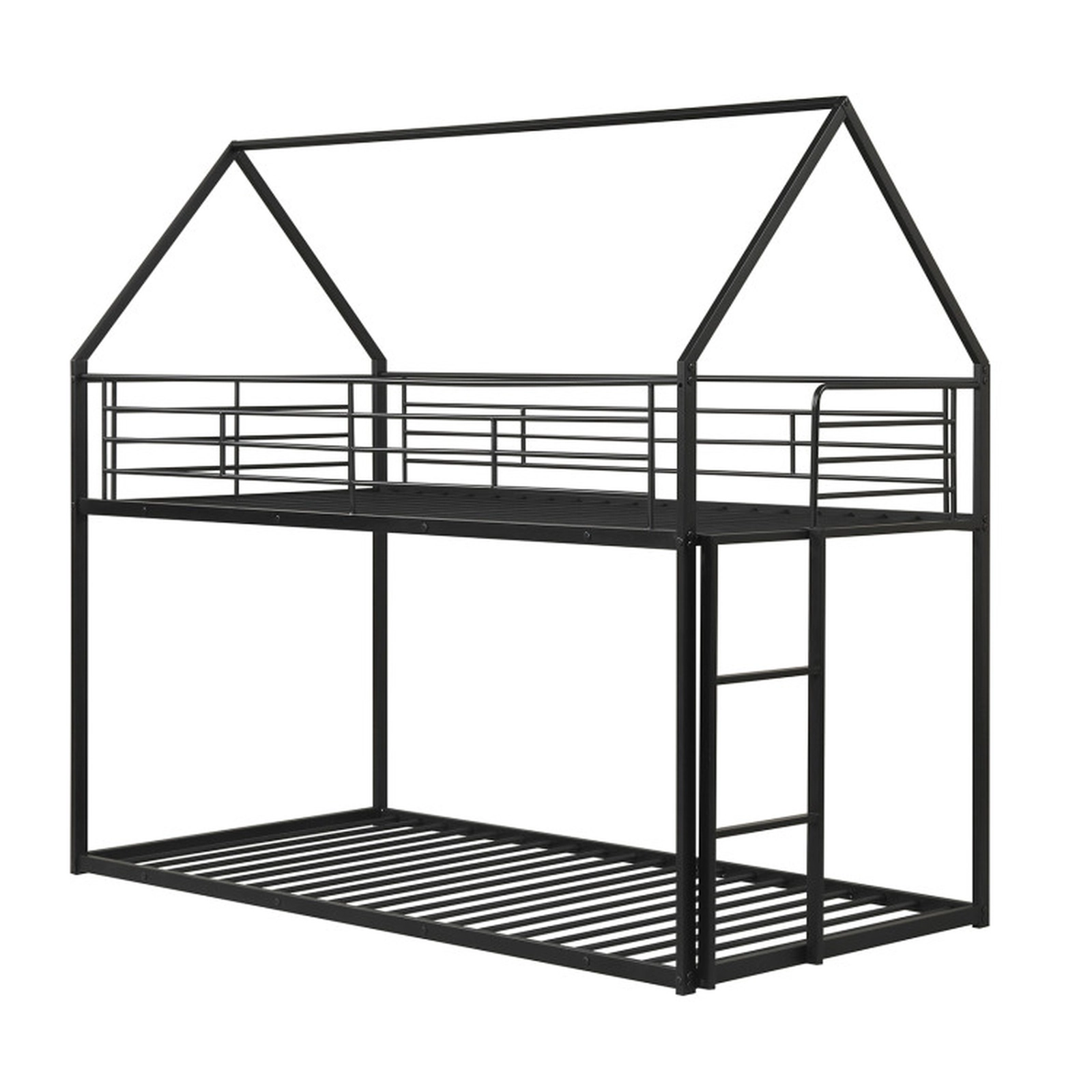 SUGIFT Black House Roof Frame and Ladder 400-lb Twin Over Twin Kids Metal Bunk Bed