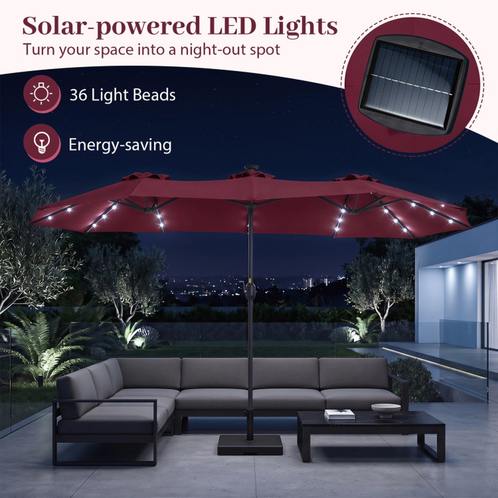SUGIFT 13-ft Wine Double-Sided Rectangle Market Patio Umbrella with 36 Solar LED Lights and 12 Ribs
