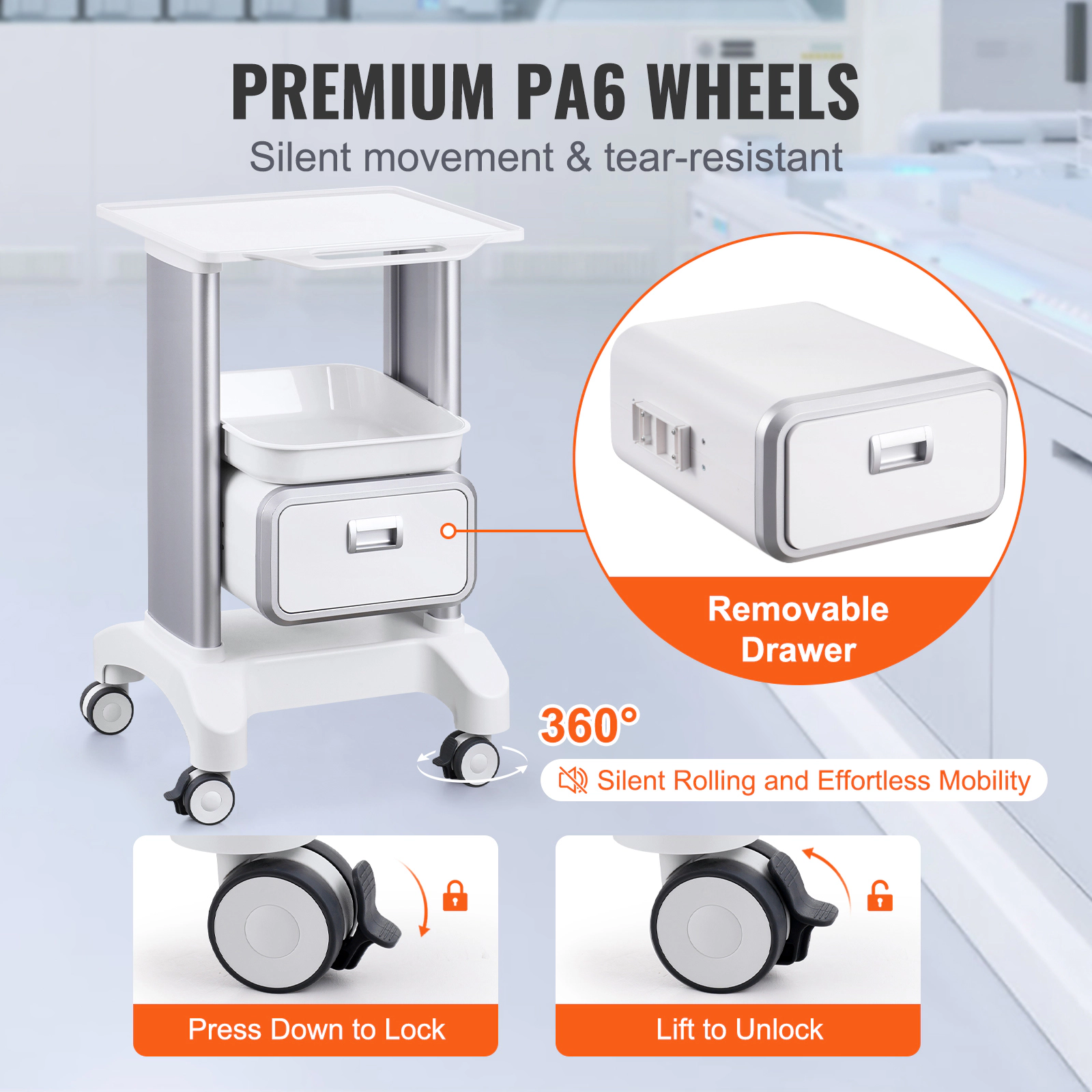 HONGGE Lab Carts Lab Utility Cart with & 1 Top Tray Mobile Medical Cart with ABS Material Lab Rolling Cart with 4