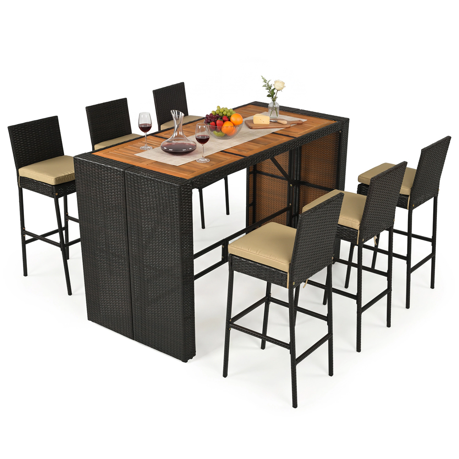 LJG 7-Piece Outdoor PE Wicker Bar Set with Bar Height Table and 6 Cushioned Stools for Yard