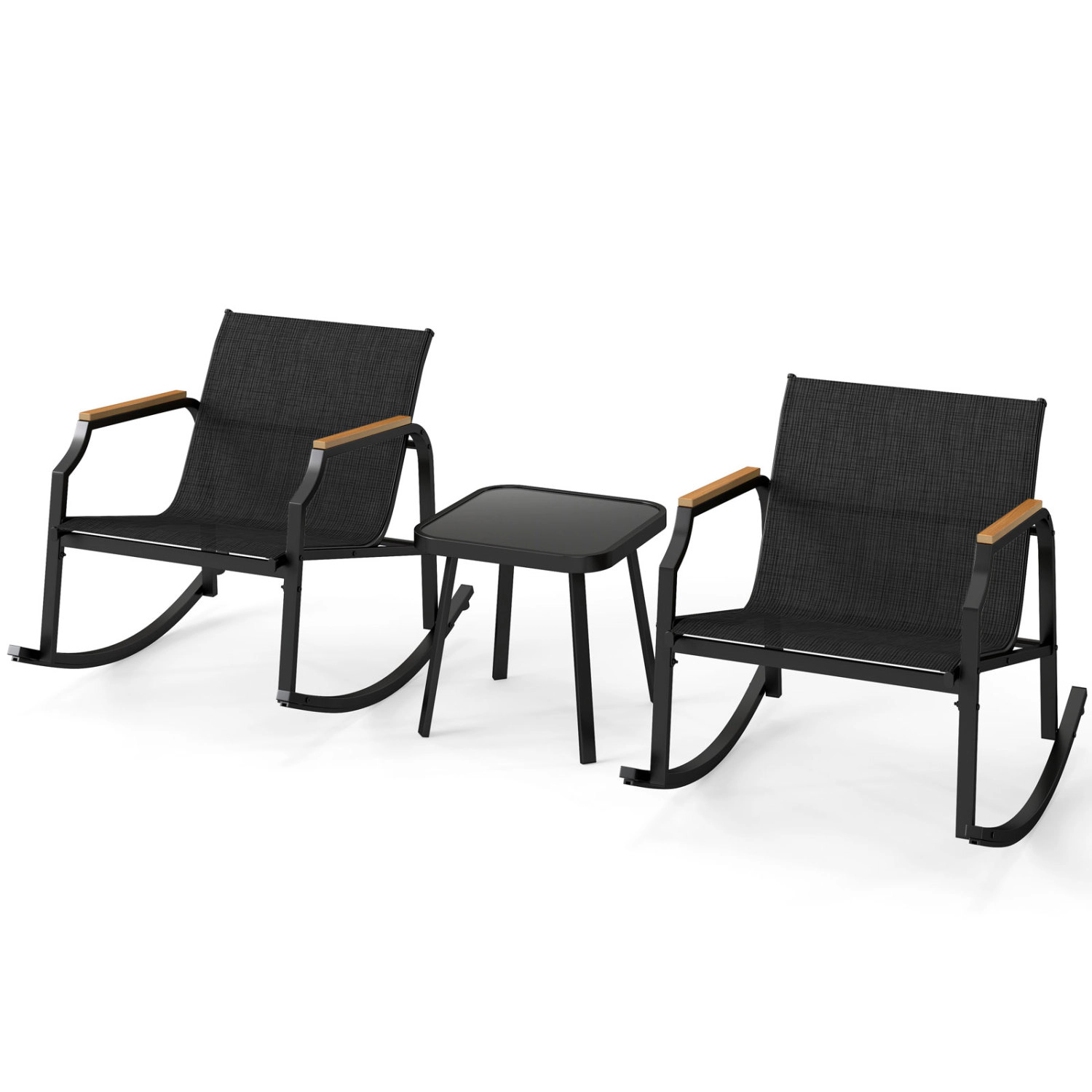 LJG 3 Piece Patio Rocking Bistro Set with Tempered Glass Coffee Table and Armrests for Porch