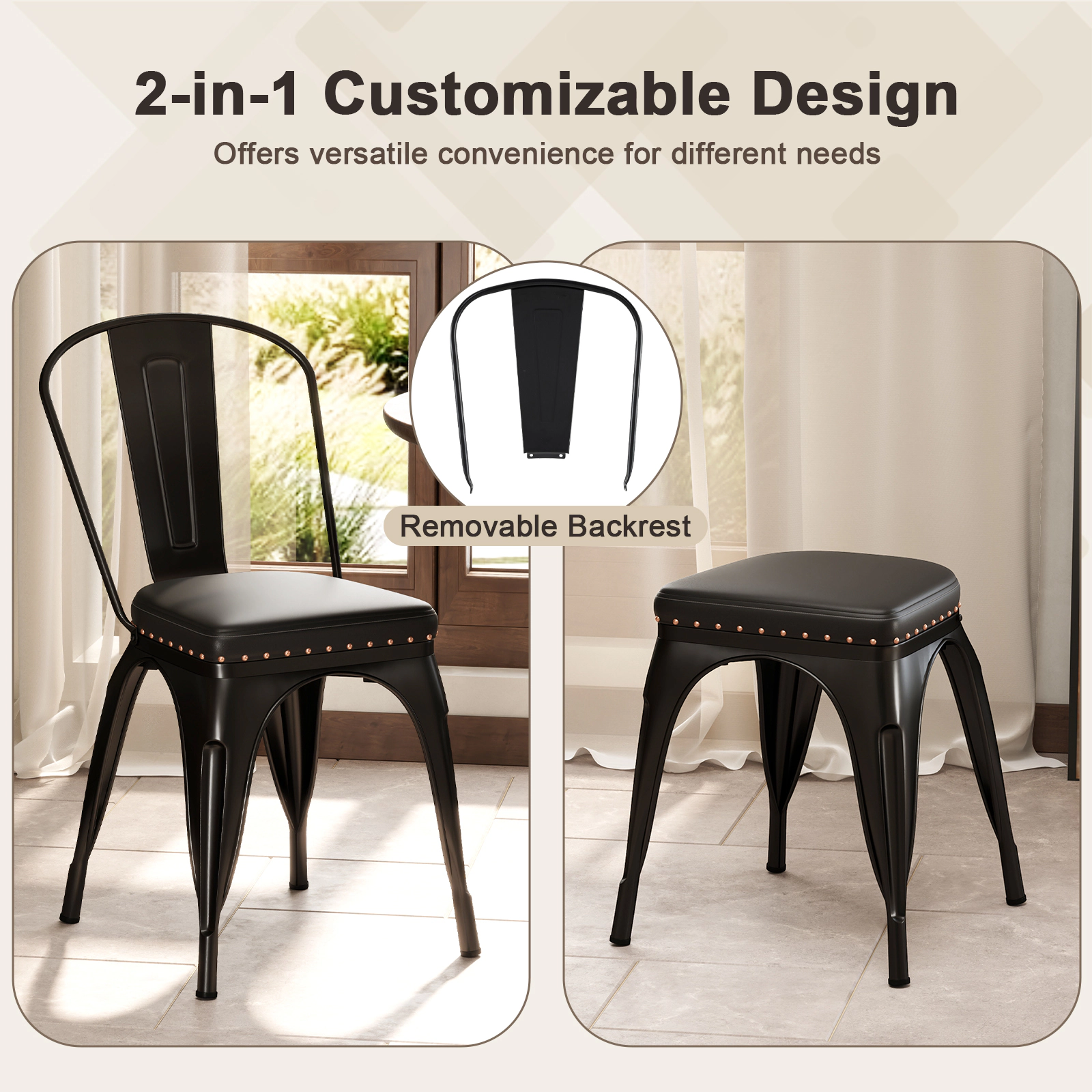 SUGIFT Stackable Metal Dining Chair Set of 4 with Removable Back and PU Leather Cushioned Seat 330-Lb Capacity Black