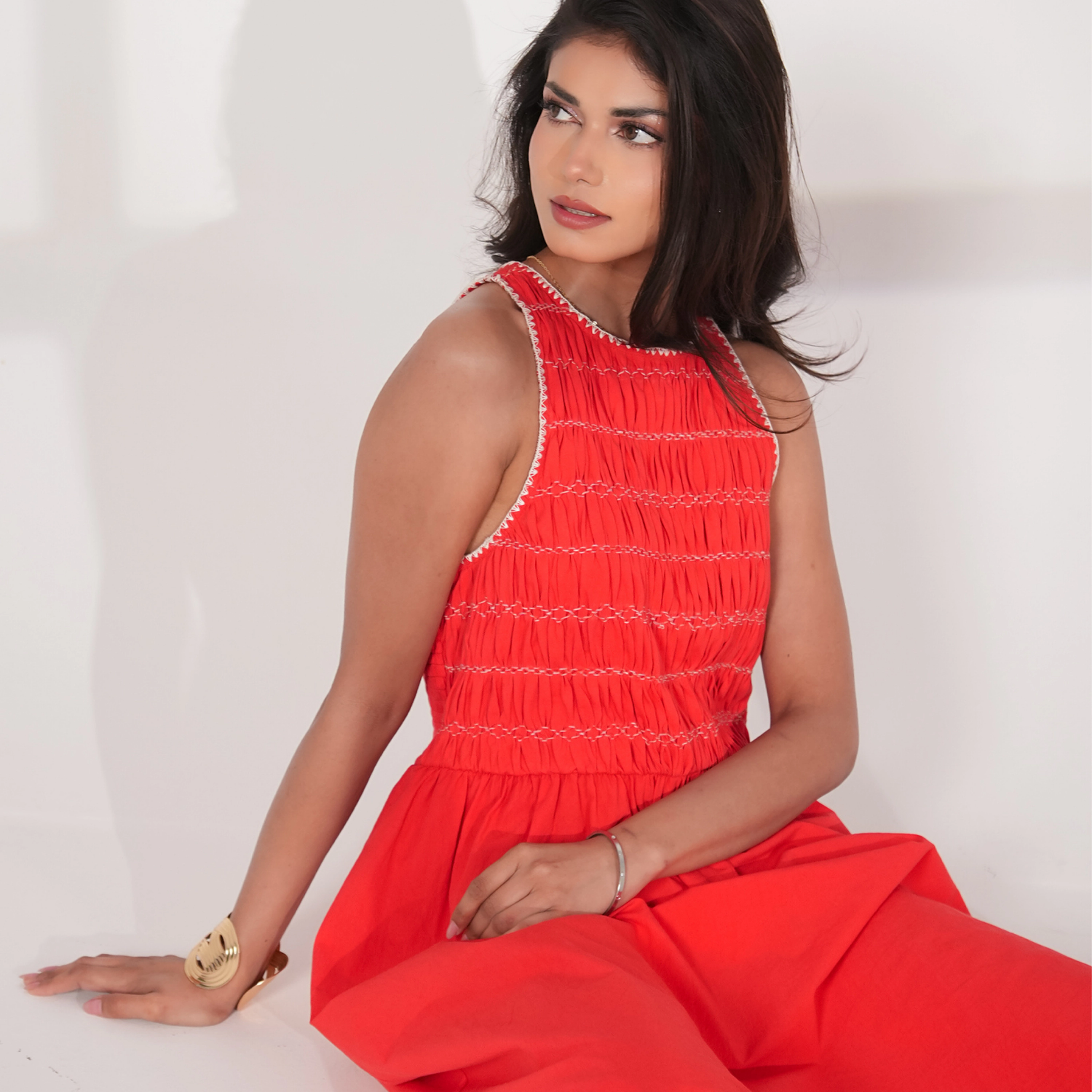 Rose & Nancy Women's Issy Red Smocked Cotton Maxi Dress