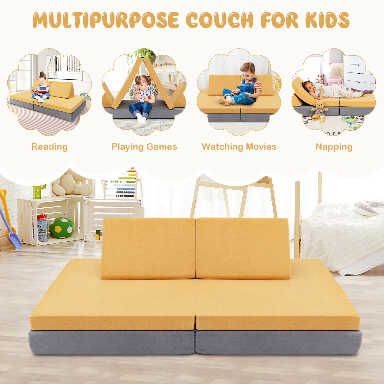 SUGIFT 4-Piece Convertible Kids Couch and Floor Lounger Set with 2 Folding Mats 220-Lb Capacity Blue/Yellow