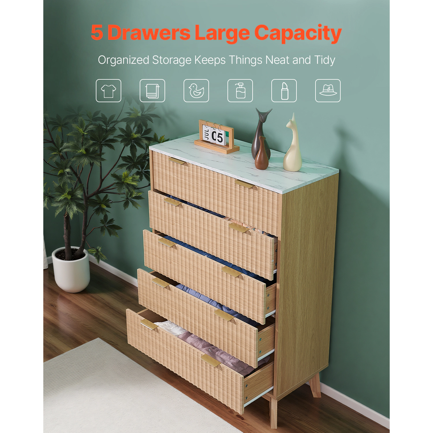 HONGGE Fluted Wooden Chest of Drawers with Sliding & Anti-tip Device