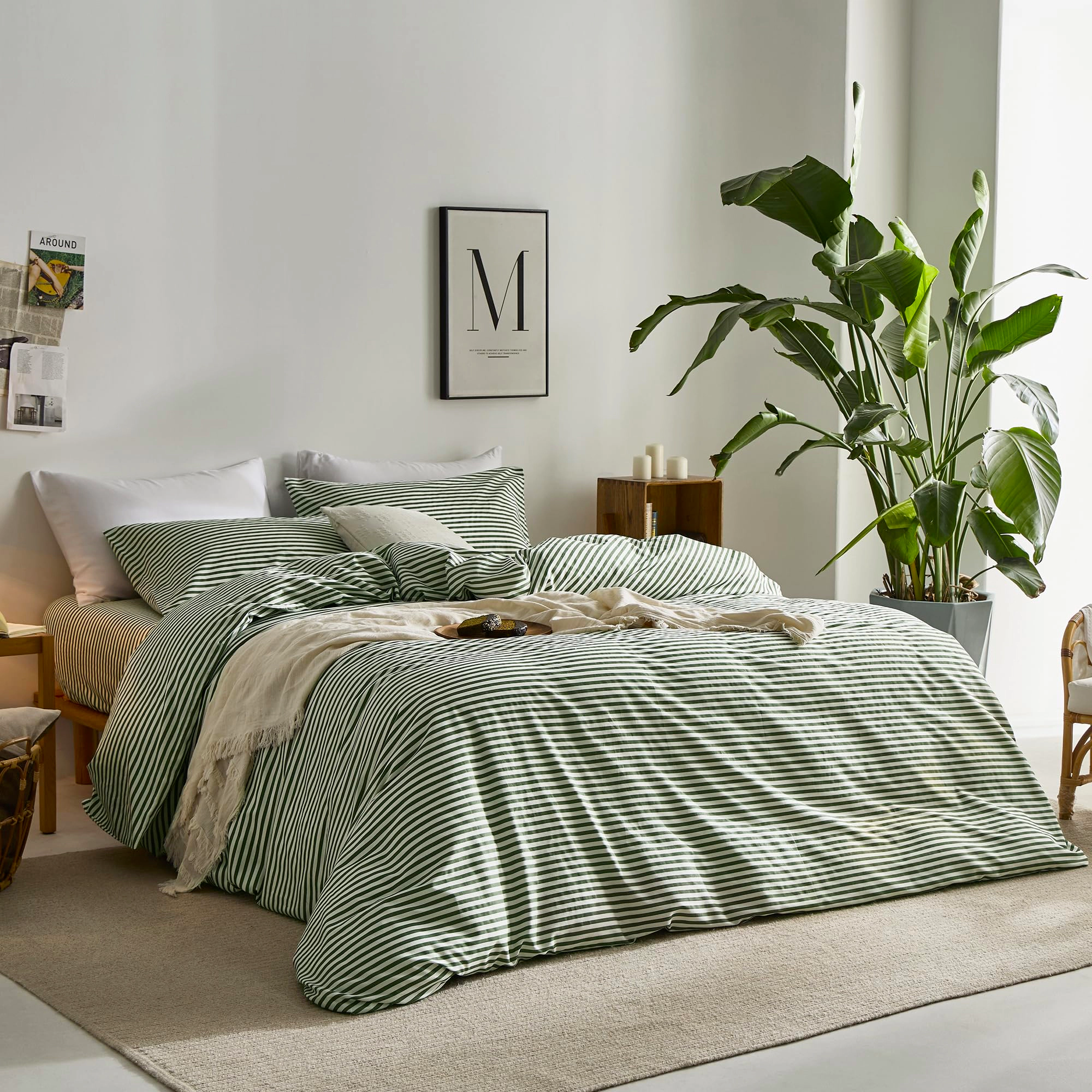 PUPWE Ton Printed Striped Queen Duvet Cover Set  Green
