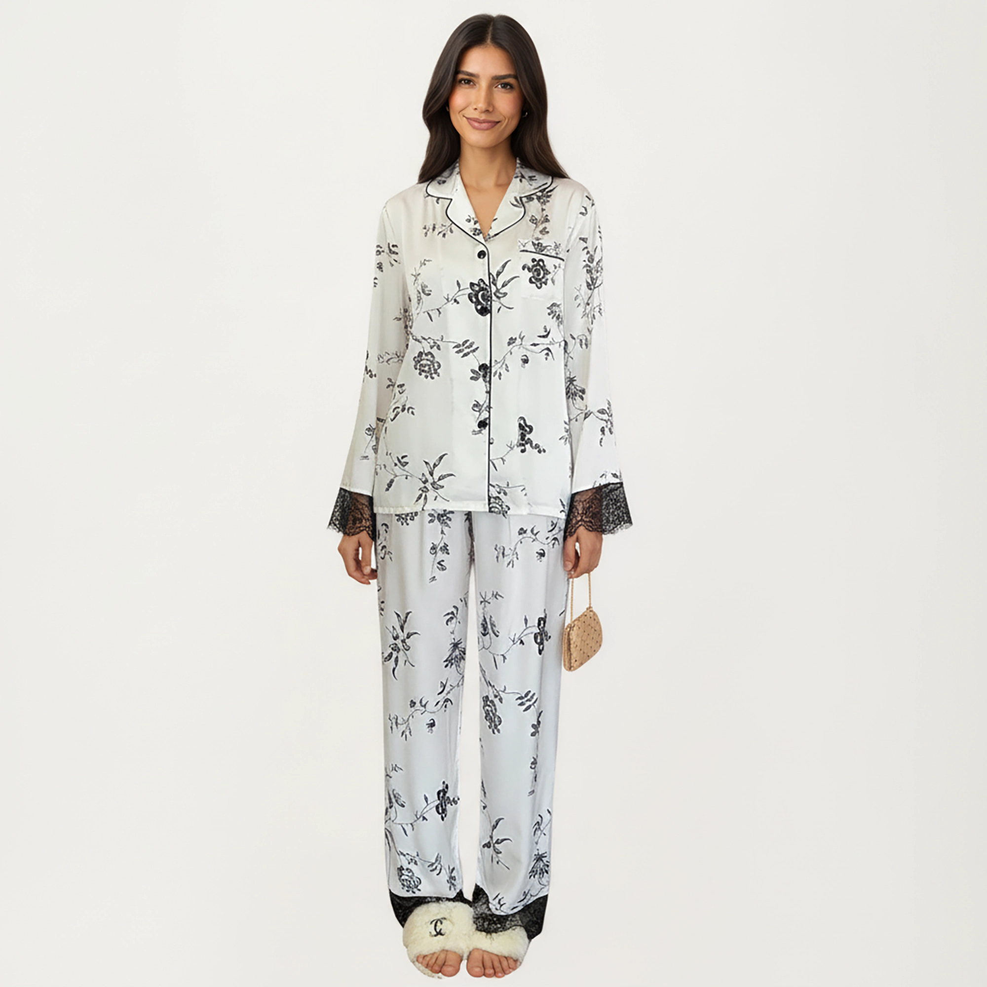 Anna-Kaci Women's Satin Pajama Set with Floral Print and Lace Trim Cuffs Hem