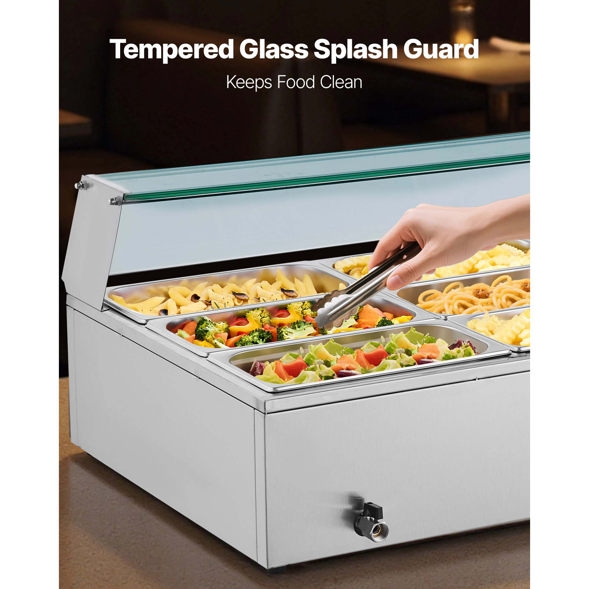HONGGE Commercial Food Warmer Electric Stainless Steel Steam Food Warmer with Glass Cover Countertop Buffet Bain Marie
