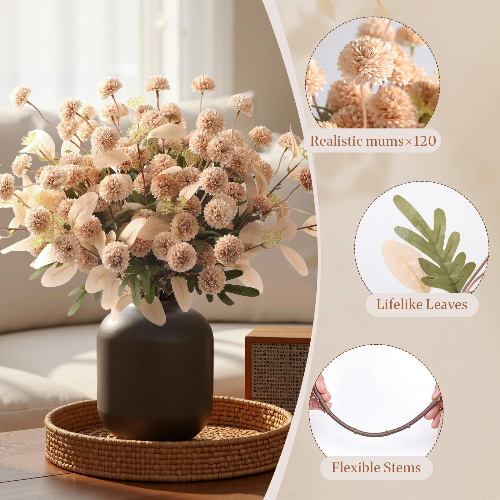 PUPWE 16 Silk Mums Artificial Fall Flowers With EucalyptFor Vase