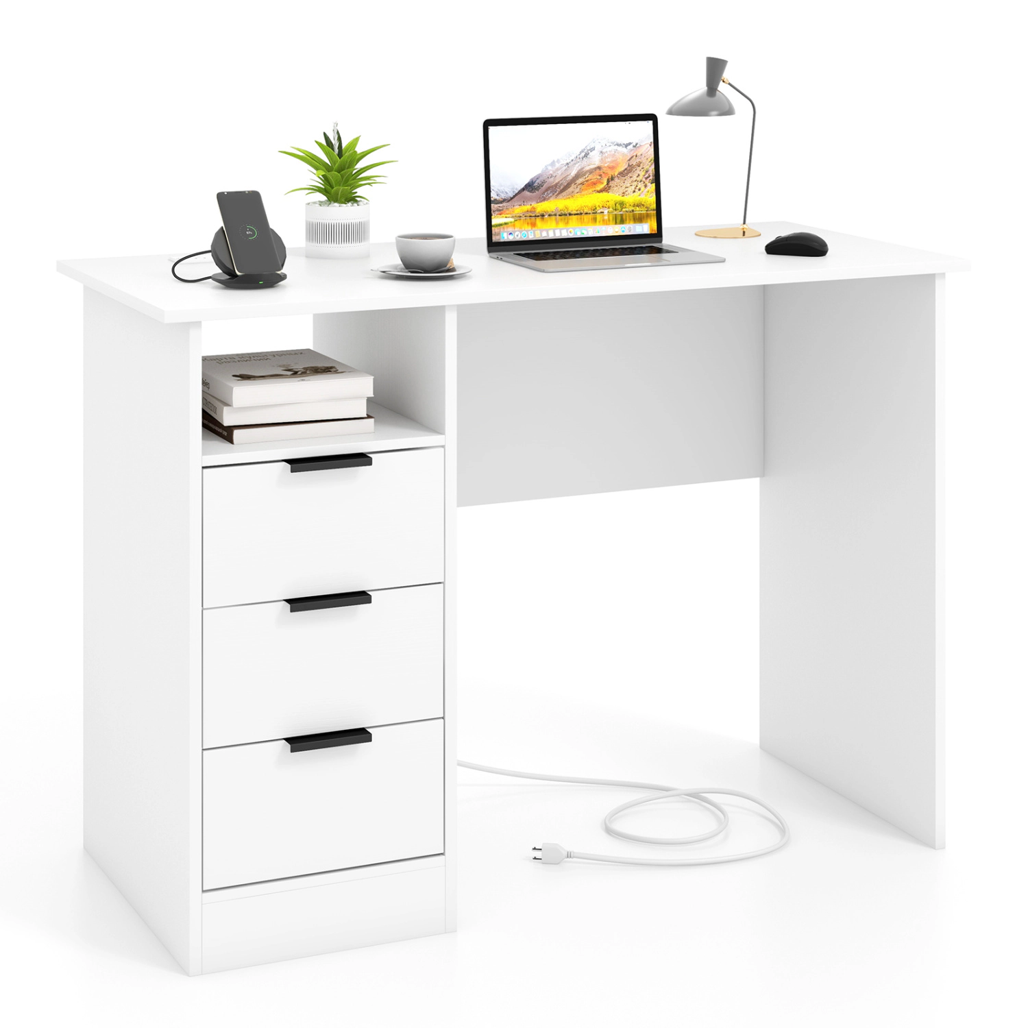 LJG Home Office Desk with Power Outlet 3 Storage Drawers and Open Compartment