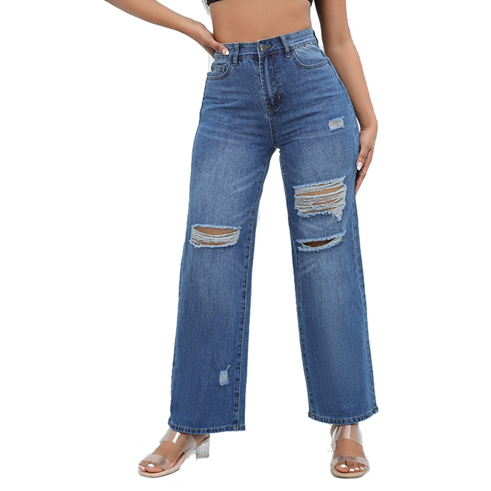 EadianDree Wide Leg Jeans for Womens Elastic Waist Casual Loose High Denim Cropped Pants