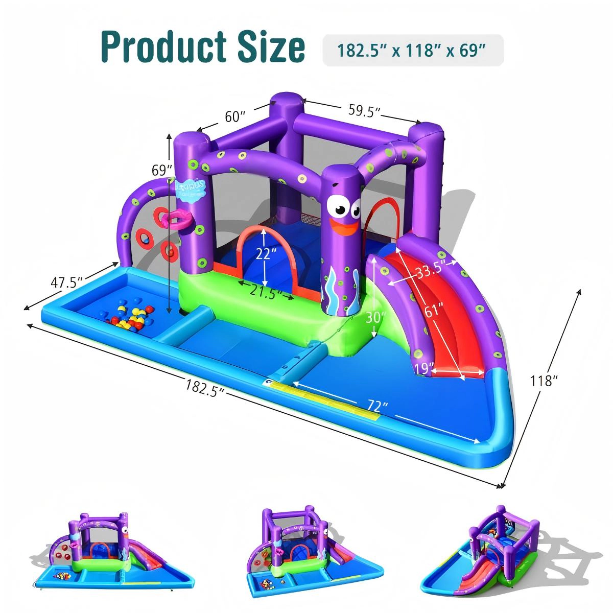 SUGIFT Octopus Inflatable Water Slide Bounce Castle with Ball Pit Splash Pool and Basketball Rim