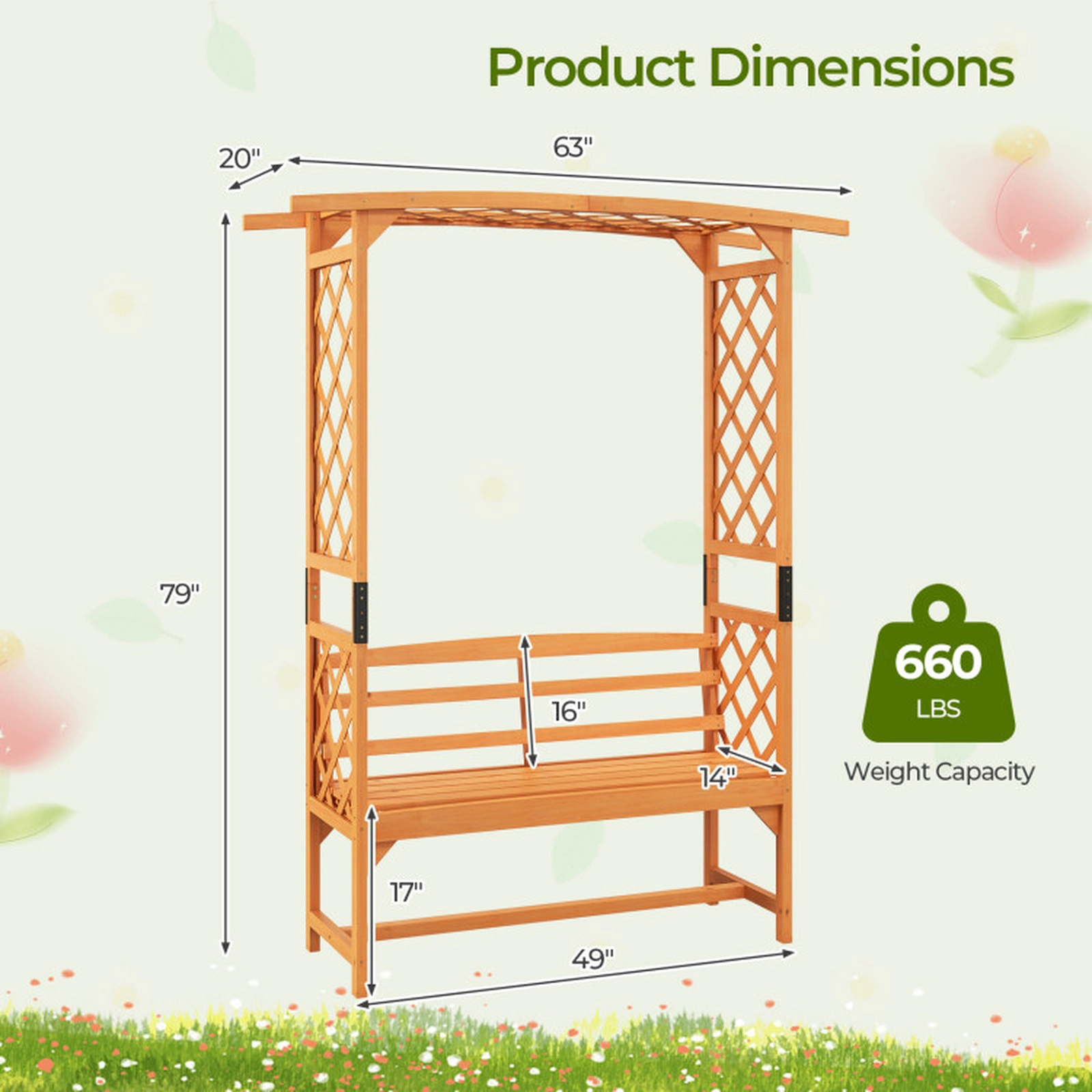 SUGIFT 6.5-ft Tall Fir Wood Patio Garden Arbor with Pergola and 2-Seat Bench 660-lb Capacity 63-in Wide Yellow